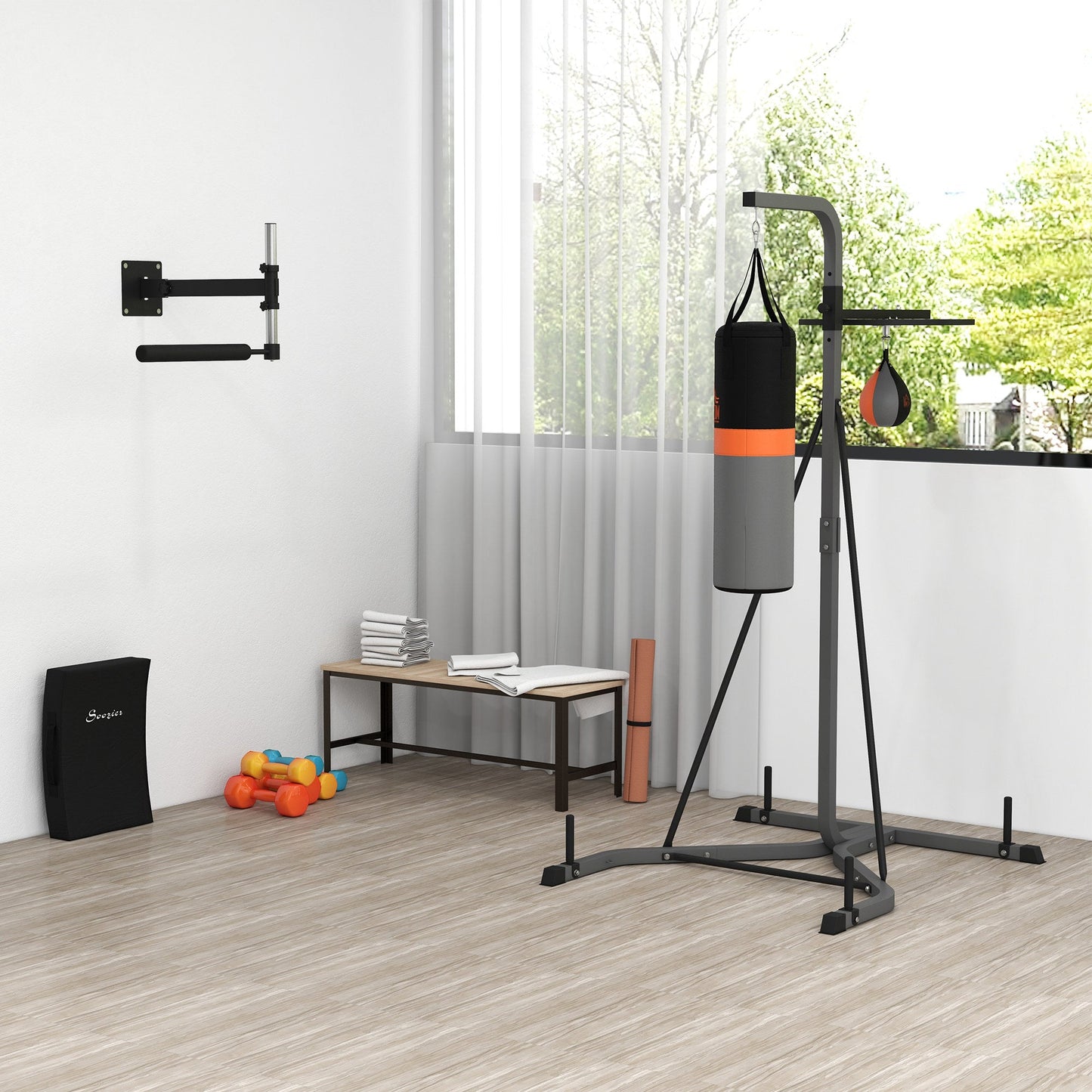 HOMCOM Freestanding Boxing Punch Bag & Speed Ball Station Hanging Frame Training Exercise Platform Home Gym Heavy Duty, Grey -