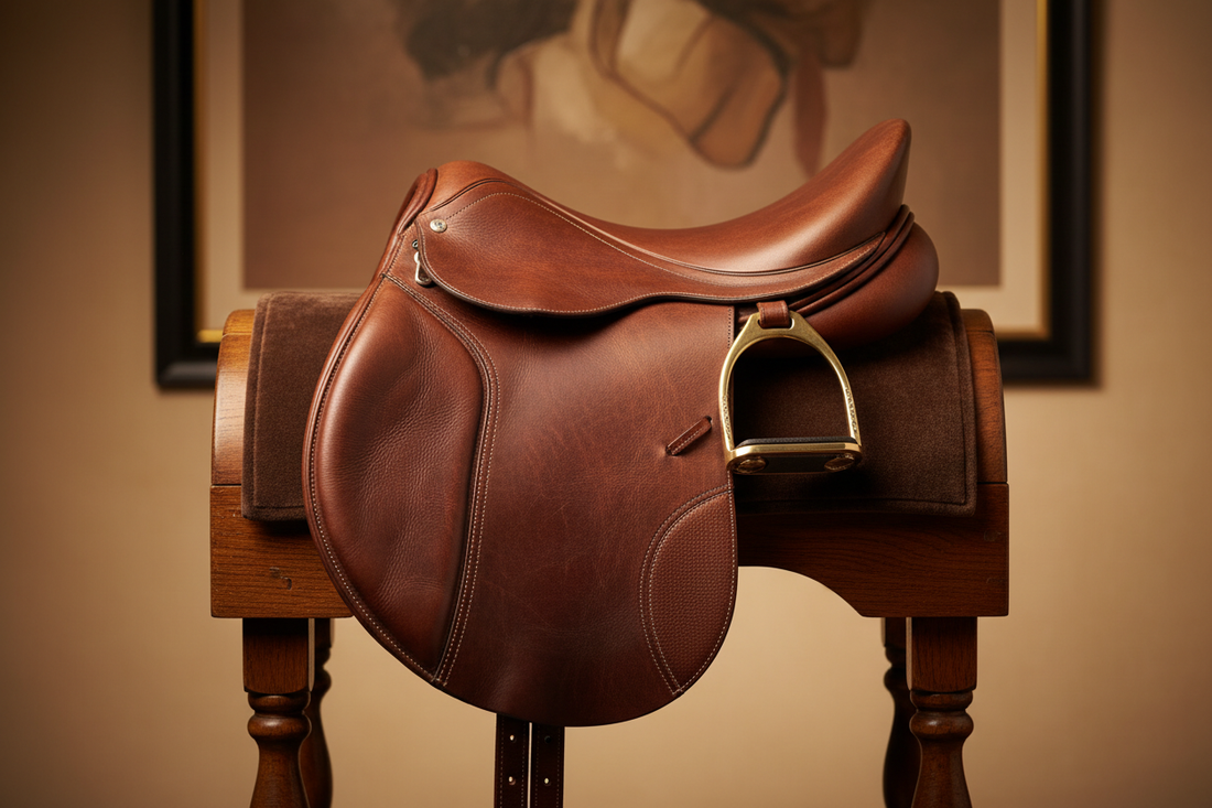 "Premium leather horse saddle on a wooden stand — equestrian equipment guide"