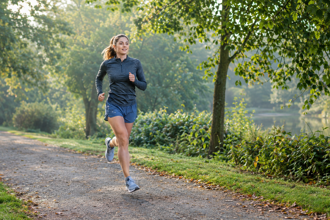 “Runner in a dark training top, blue shorts and trainers jogging along a sunlit, tree-lined park path.