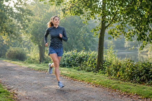 “Runner in a dark training top, blue shorts and trainers jogging along a sunlit, tree-lined park path.