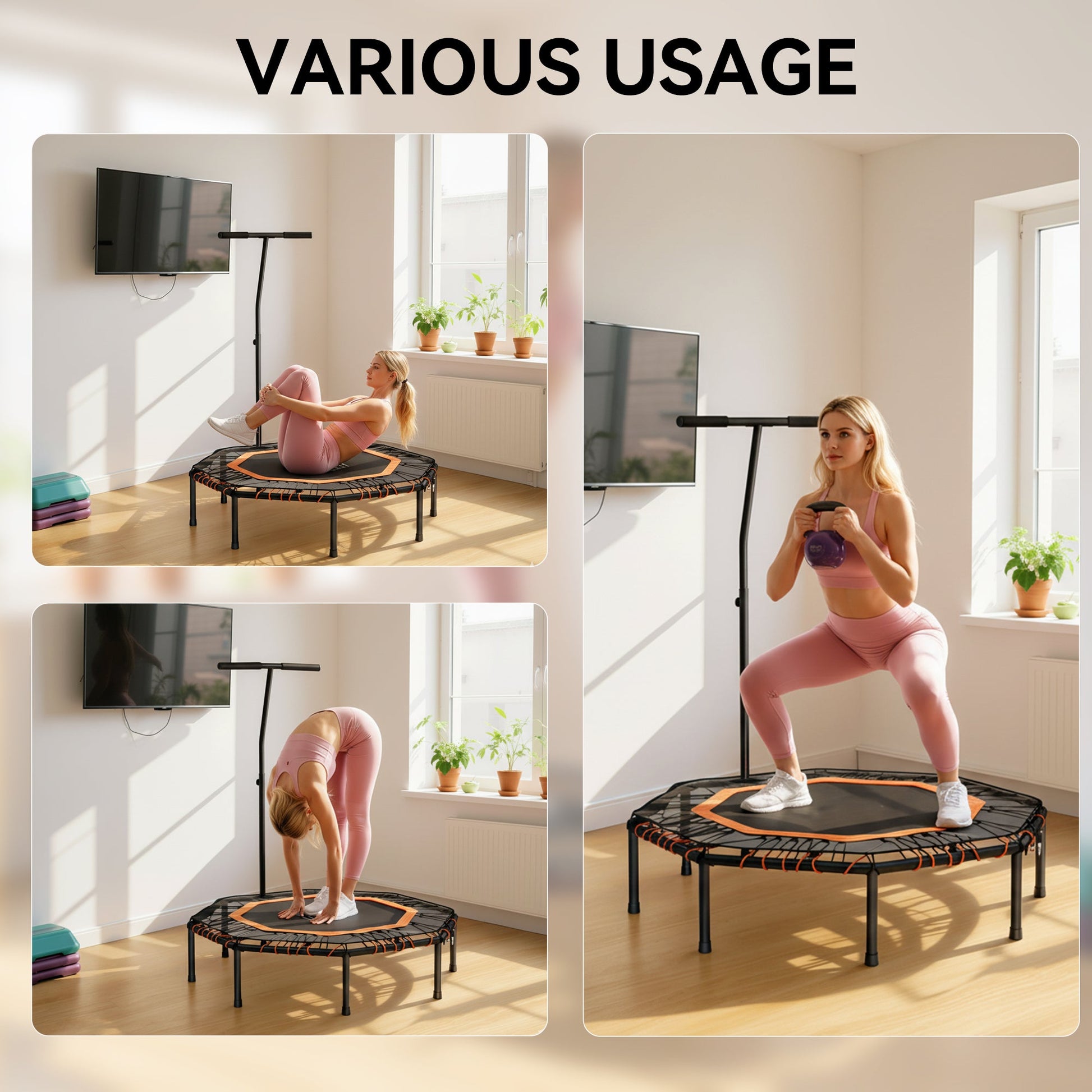 HOMCOM Fitness Trampoline, Bouncer with Adjustable Handle, Max Load 150 kg -