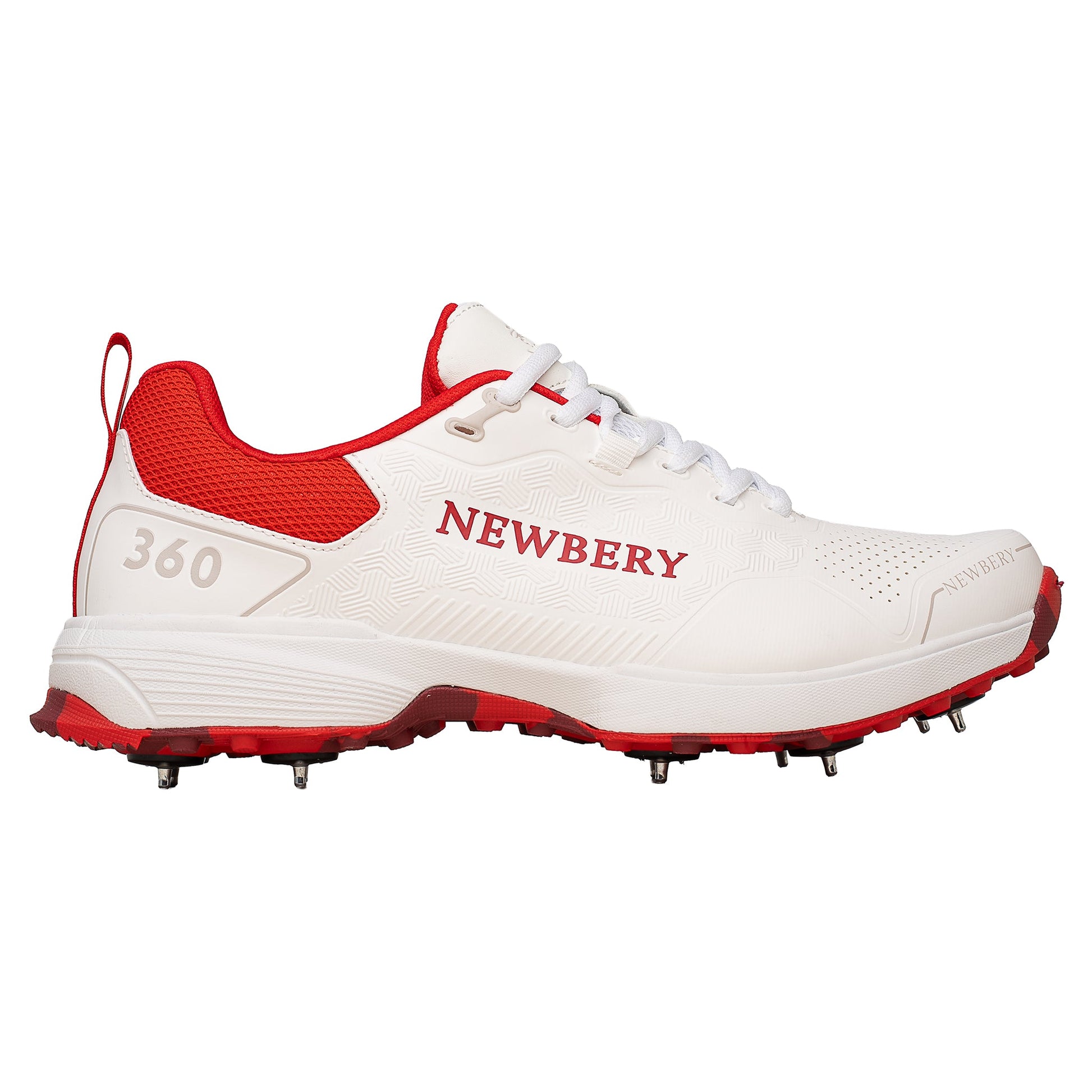 Newbery 360 Cricket Shoe - White & Red Spikes for Enhanced Performance - roesports