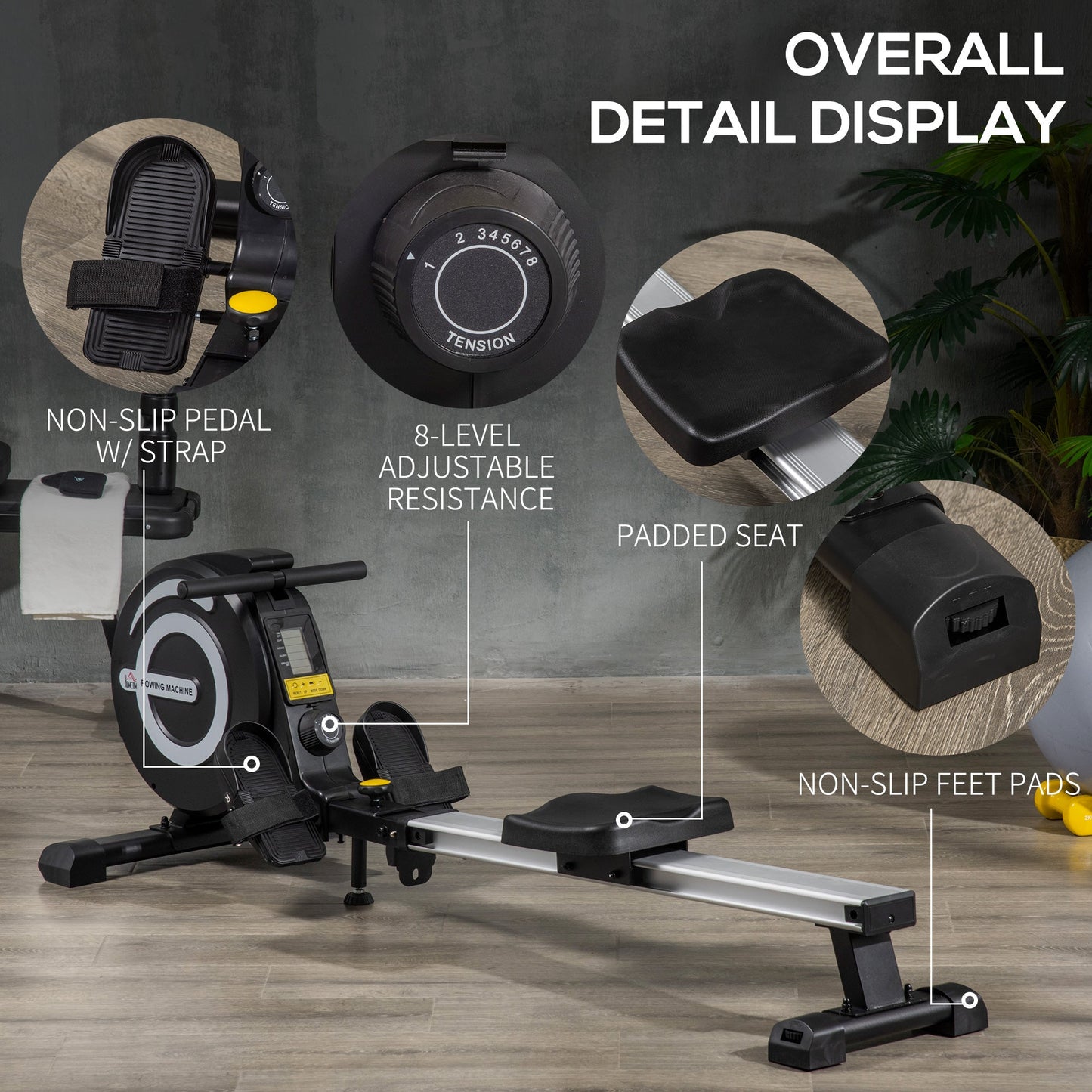 HOMCOM Indoor Body Health & Fitness Adjustable Magnetic Rowing Machine Rower with LCD Digital Monitor & Wheels for Home, Office, Gym -