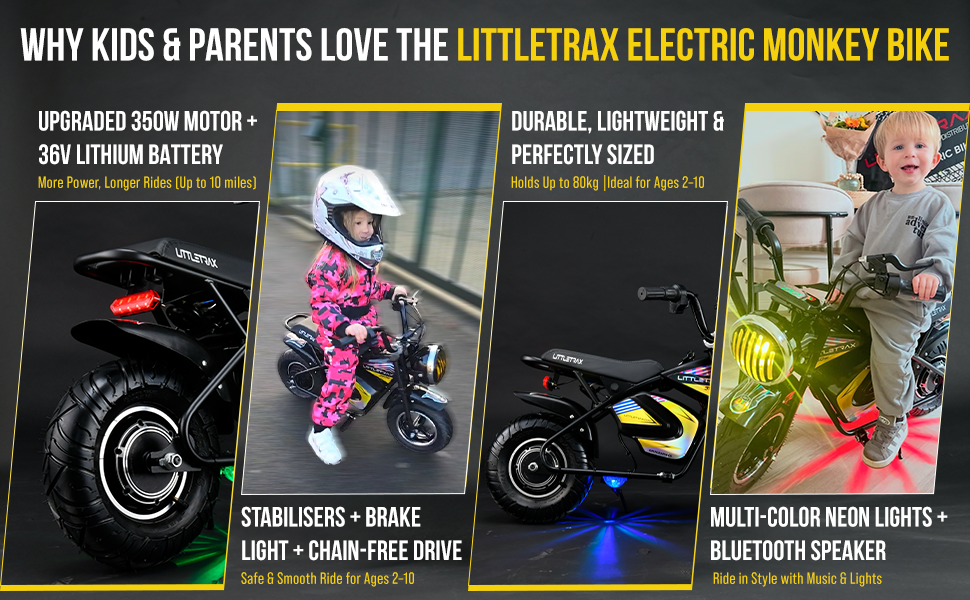 Littletrax 350W Kids Electric Bike - Ride-On Mini Monkey Bike for Ages 3 to 12+ with 3 Speed, Bluetooth Music, Horn, Lights, 36V - roesports