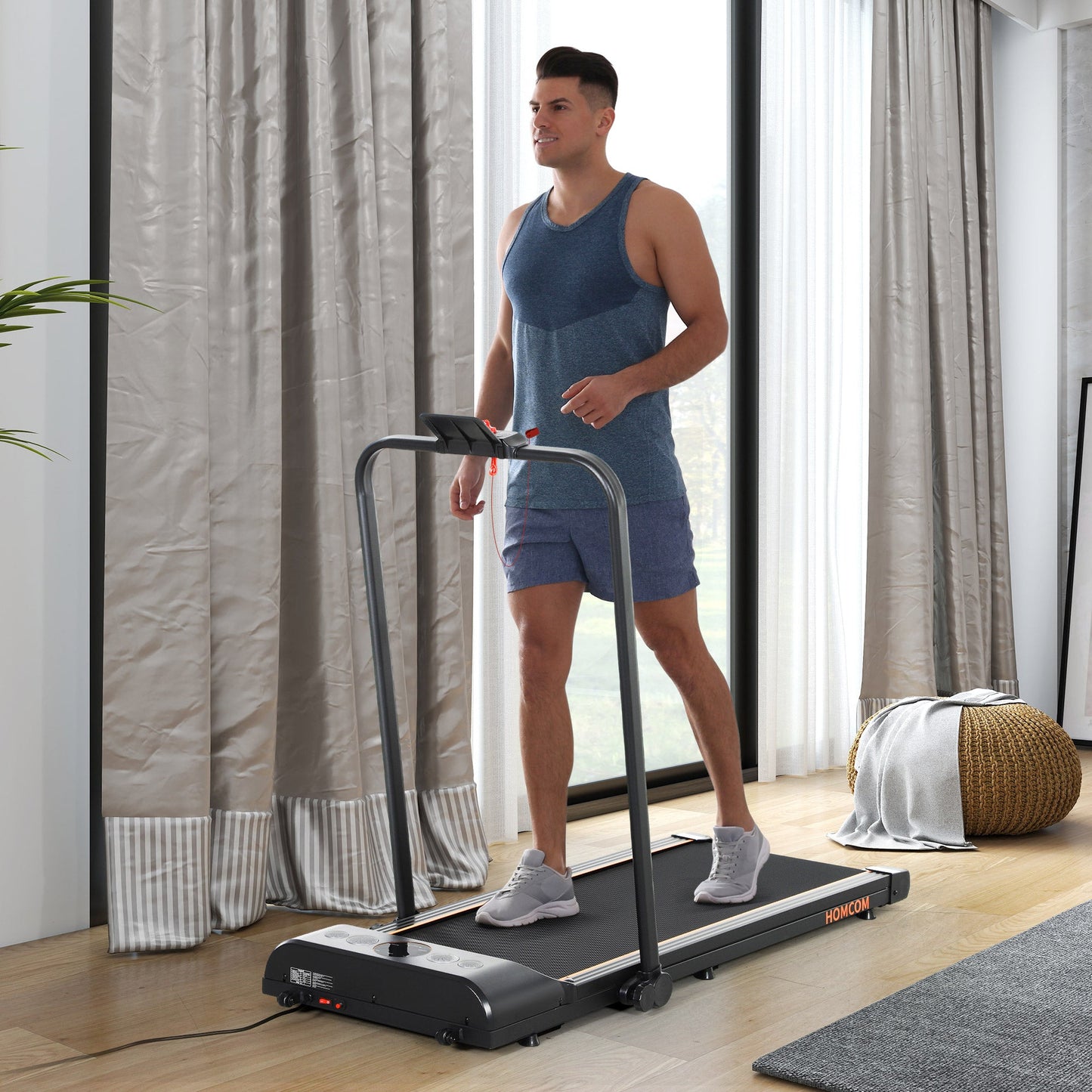 HOMCOM Foldable Walking Treadmill, with LED Display and Wheels, for Home, Office, Fitness Studio, Orange -