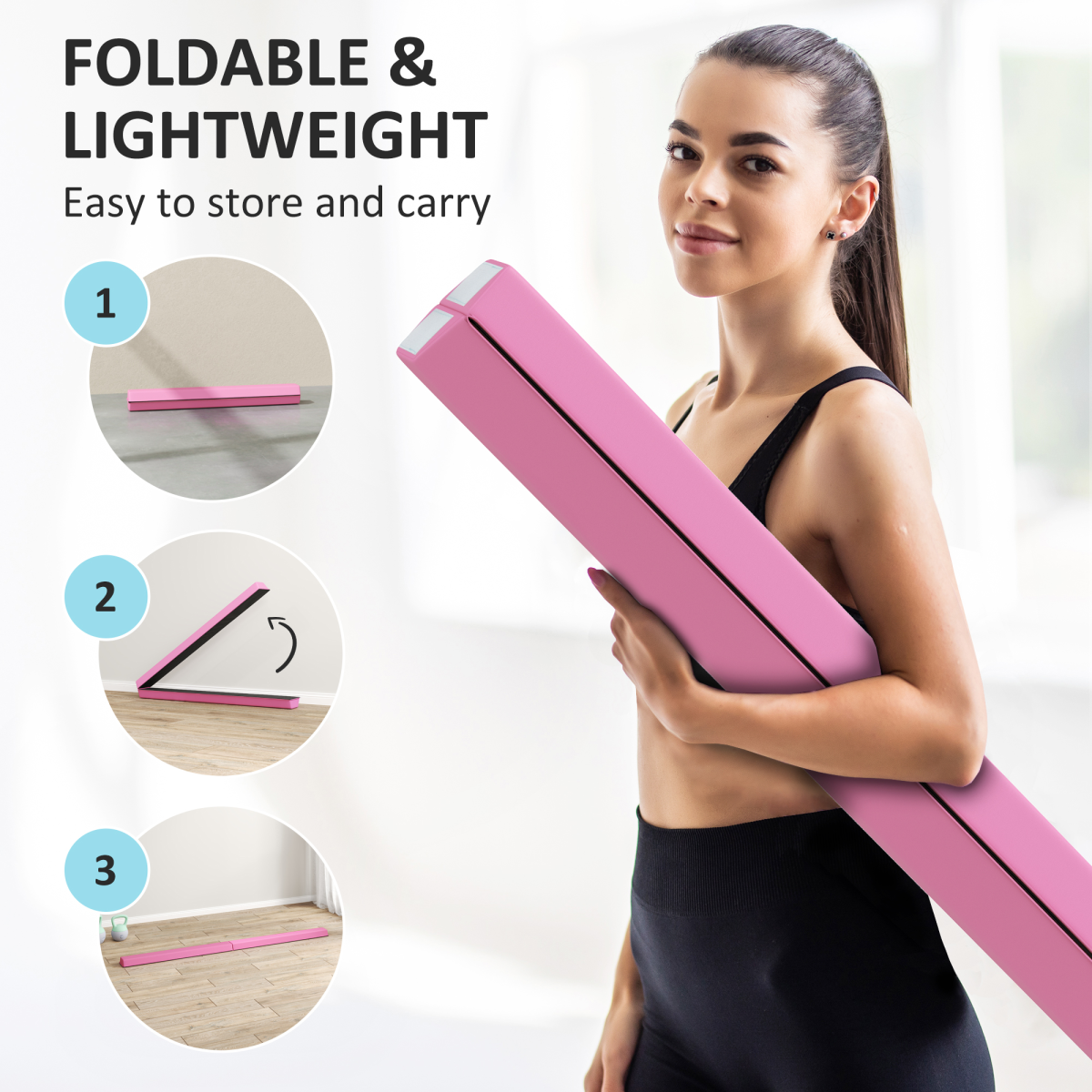 SPORTNOW 7.7FT Folding Gymnastics Balance Beam with Anti-Slip Base, Pink - Roesports