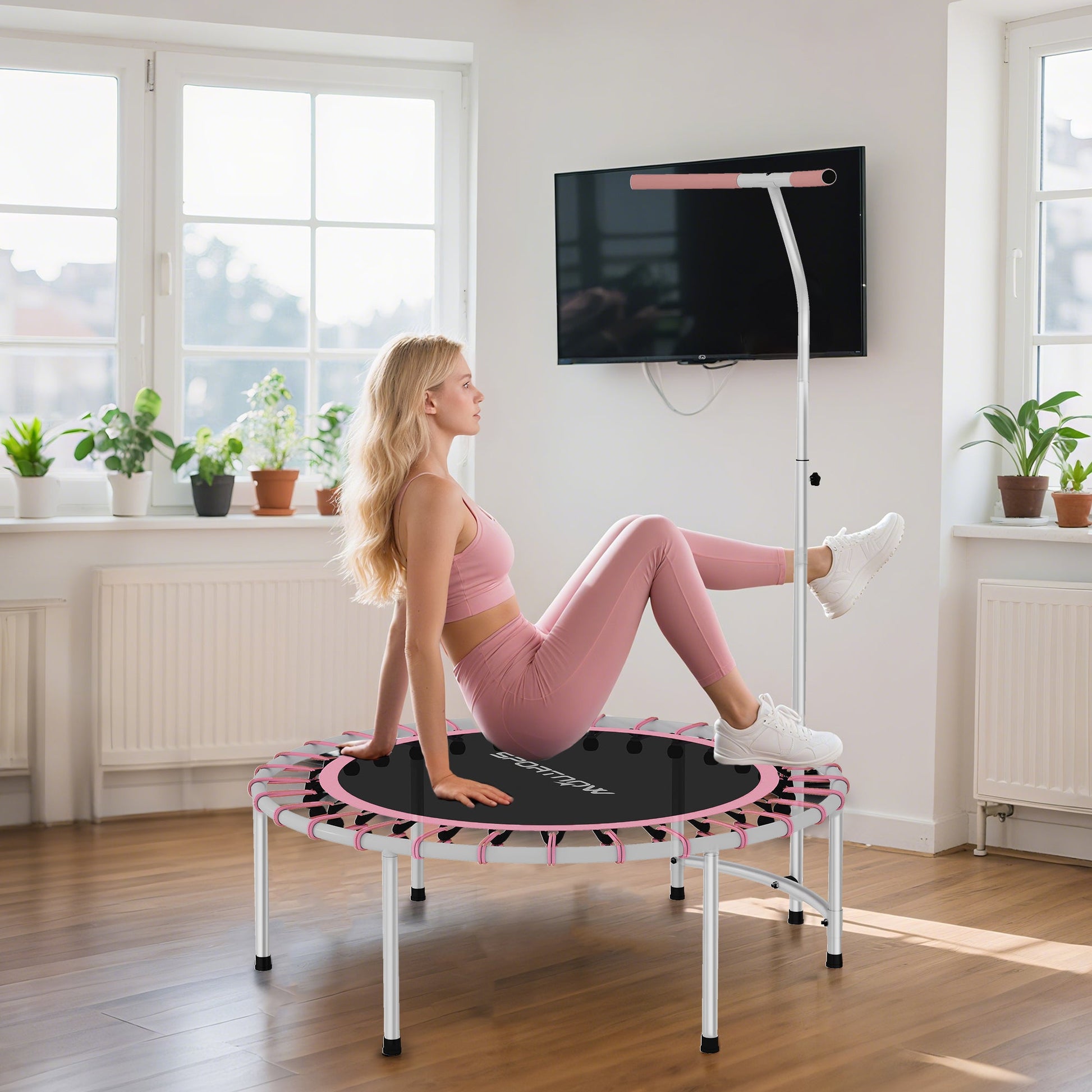 SPORTNOW 40" Fitness Trampoline, Mini Rebounder Trampoline for Adults with 5-Level Adjustable Handle, Indoor Exercise Bungee Rebounder, Max Load 100KG, Pink -