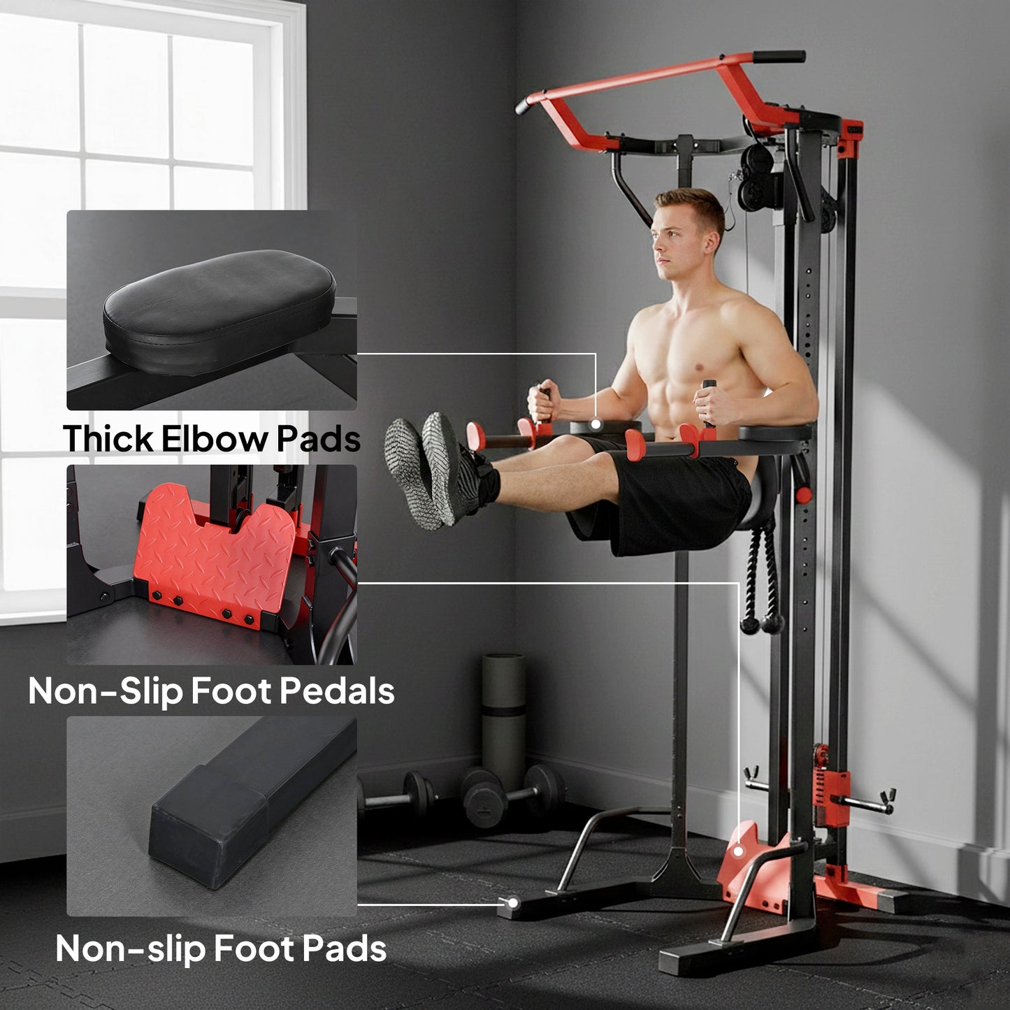 SPORTNOW Power Tower with Lat Pull Down Machine, Pull Up Bar, Dip Station, Adjustable Height Power Pack for Home Gym -