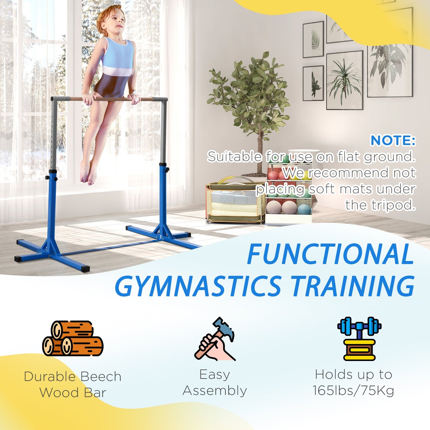 HOMCOM Height Adjustable Gymnastics Horizontal Bar for Kids, Children Junior Kip High Bar Fitness, Blue -