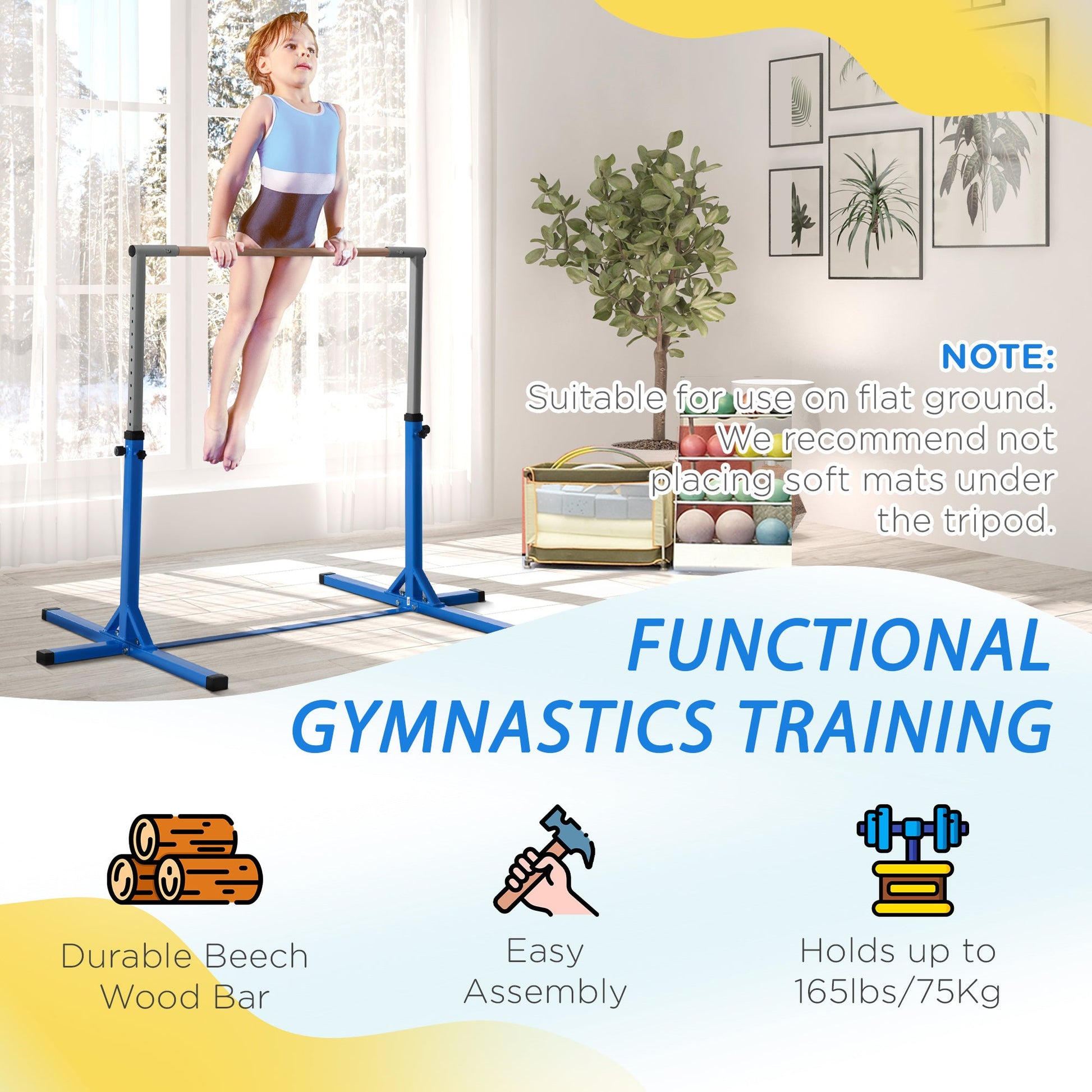 HOMCOM Height Adjustable Gymnastics Horizontal Bar for Kids, Children Junior Kip High Bar Fitness, Blue -