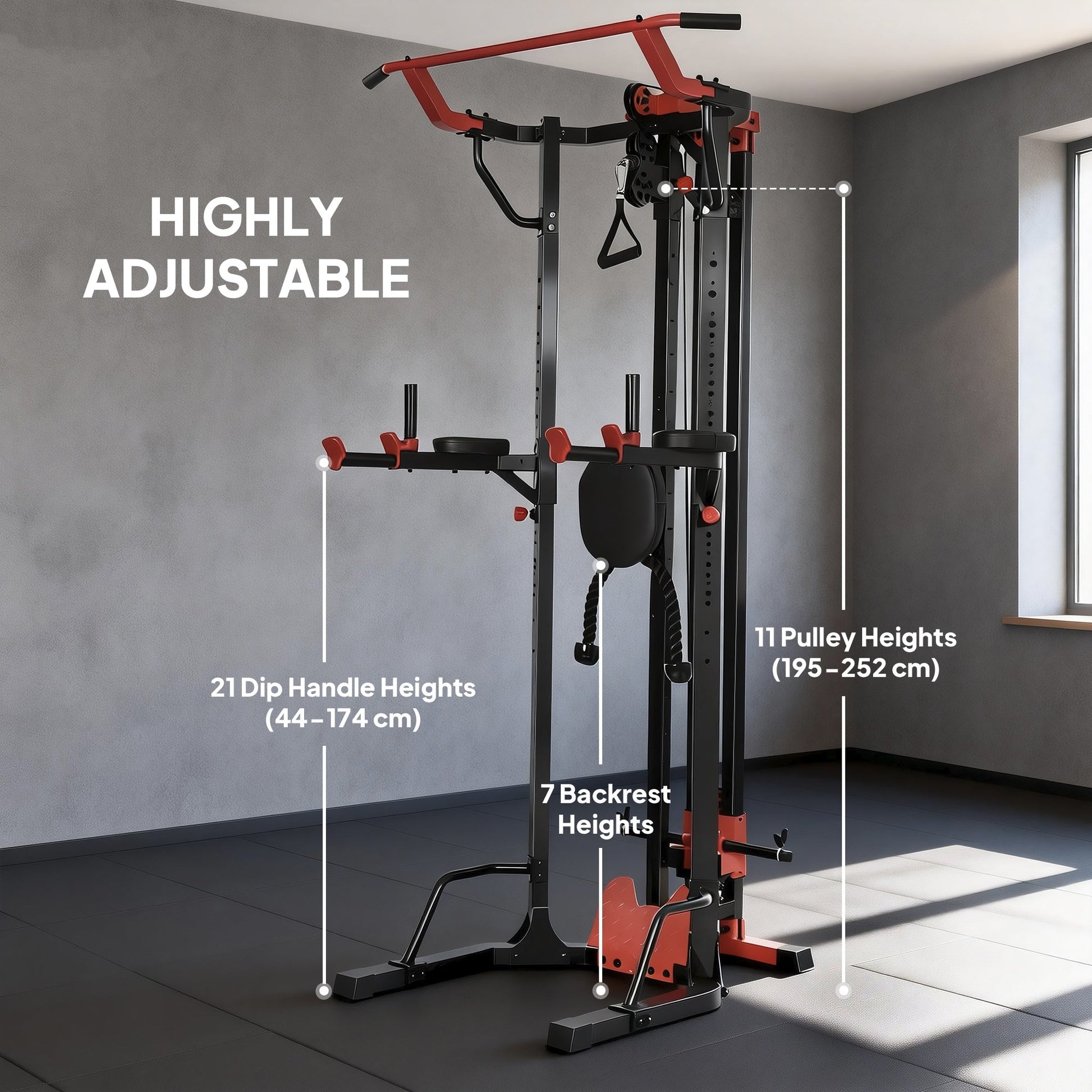 SPORTNOW Power Tower with Lat Pull Down Machine, Pull Up Bar, Dip Station, Adjustable Height Power Pack for Home Gym -