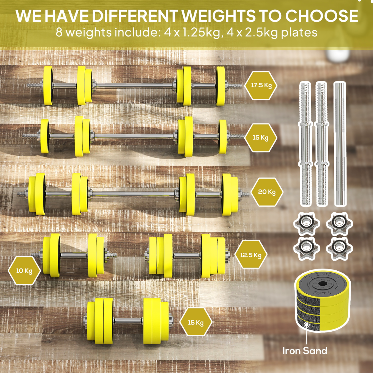 HOMCOM Adjustable 20KGS Barbell & Dumbbell Set for Home Gym, Yellow - Roesports