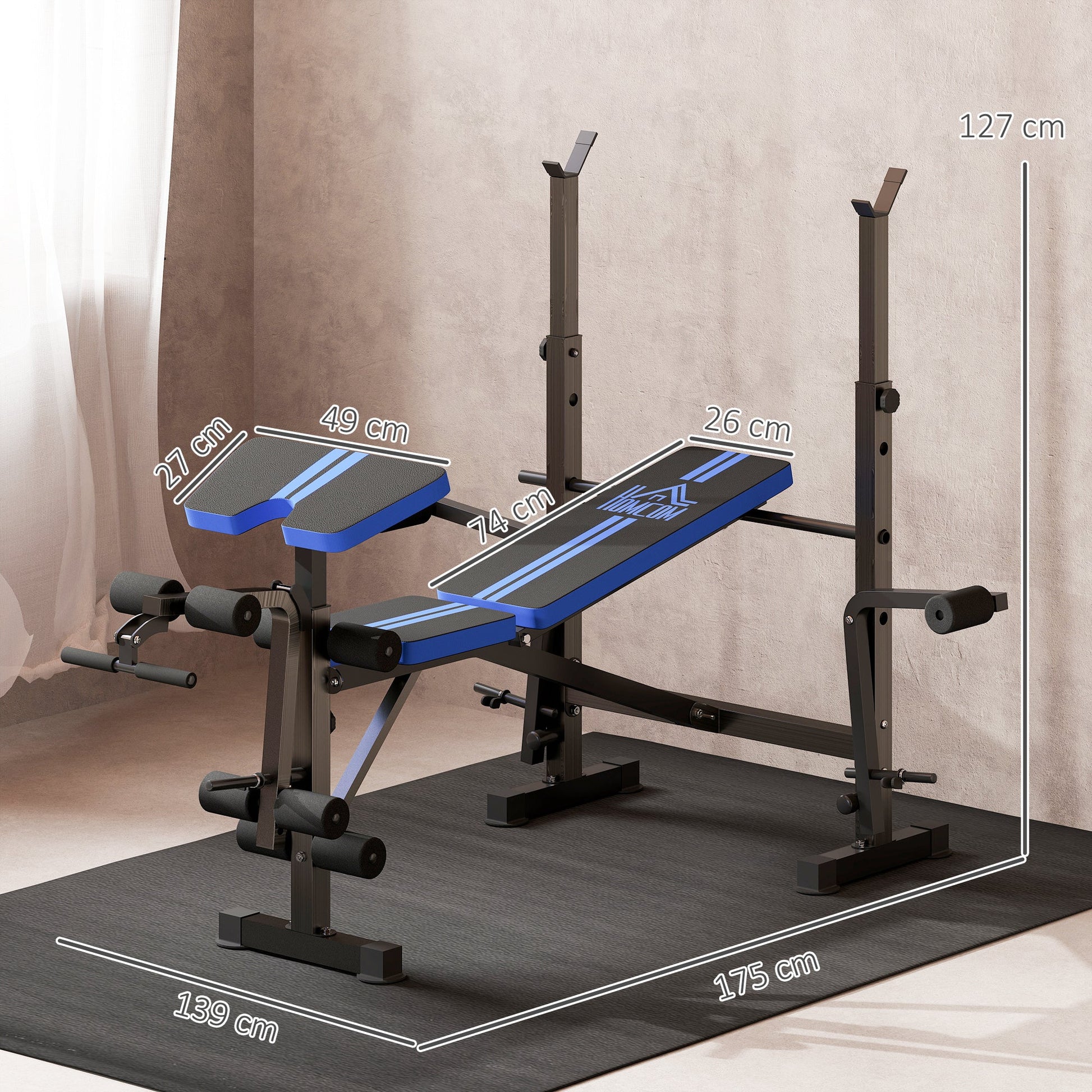 HOMCOM Adjustable Weight Bench with Leg Developer Barbell Rack for Weight Lifting and Strength Training Multifunctional Workout Station for Home Gym Fitness, Blue -