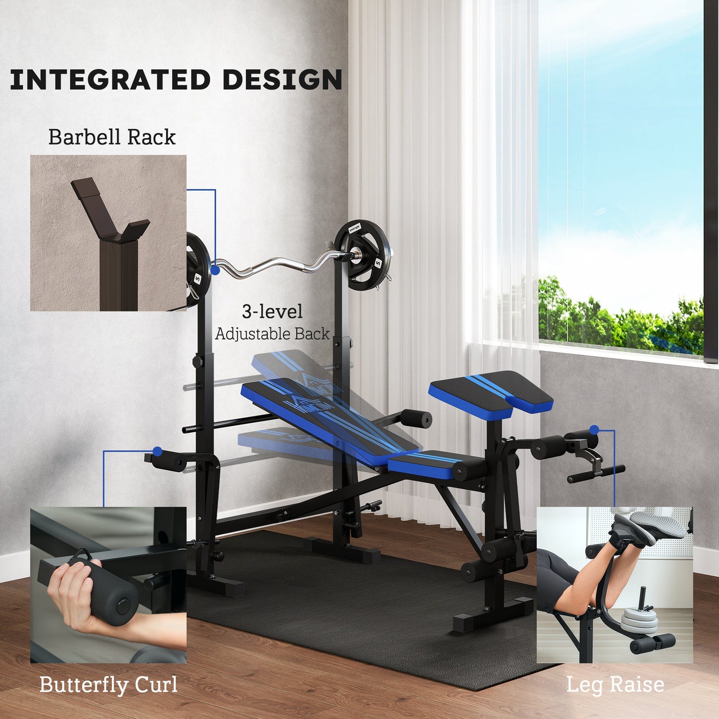 HOMCOM Adjustable Weight Bench with Leg Developer Barbell Rack for Weight Lifting and Strength Training Multifunctional Workout Station for Home Gym Fitness, Blue -