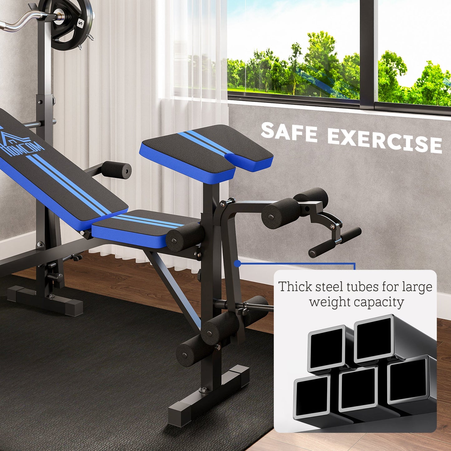HOMCOM Adjustable Weight Bench with Leg Developer Barbell Rack for Weight Lifting and Strength Training Multifunctional Workout Station for Home Gym Fitness, Blue -