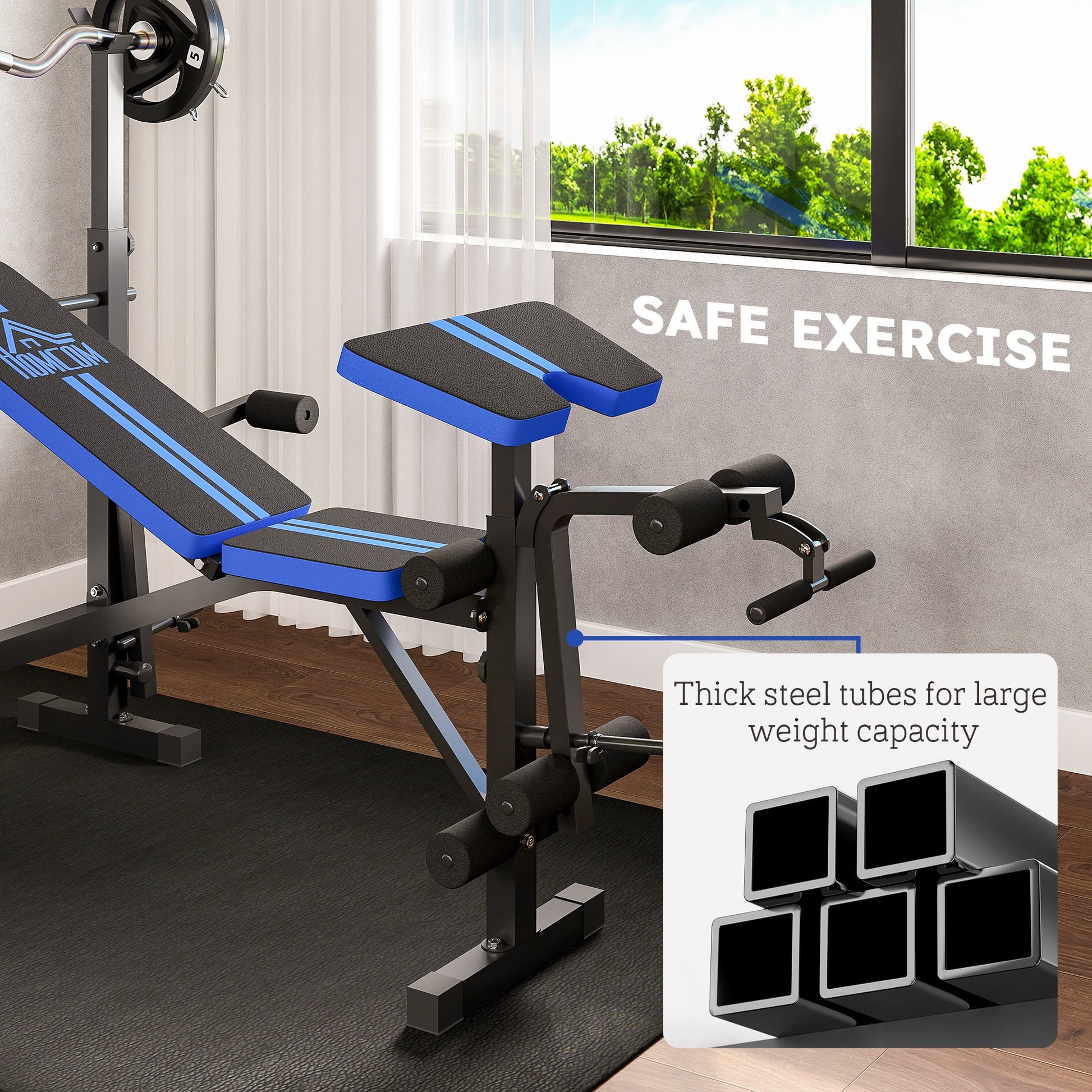 HOMCOM Adjustable Weight Bench with Leg Developer Barbell Rack for Weight Lifting and Strength Training Multifunctional Workout Station for Home Gym Fitness, Blue -
