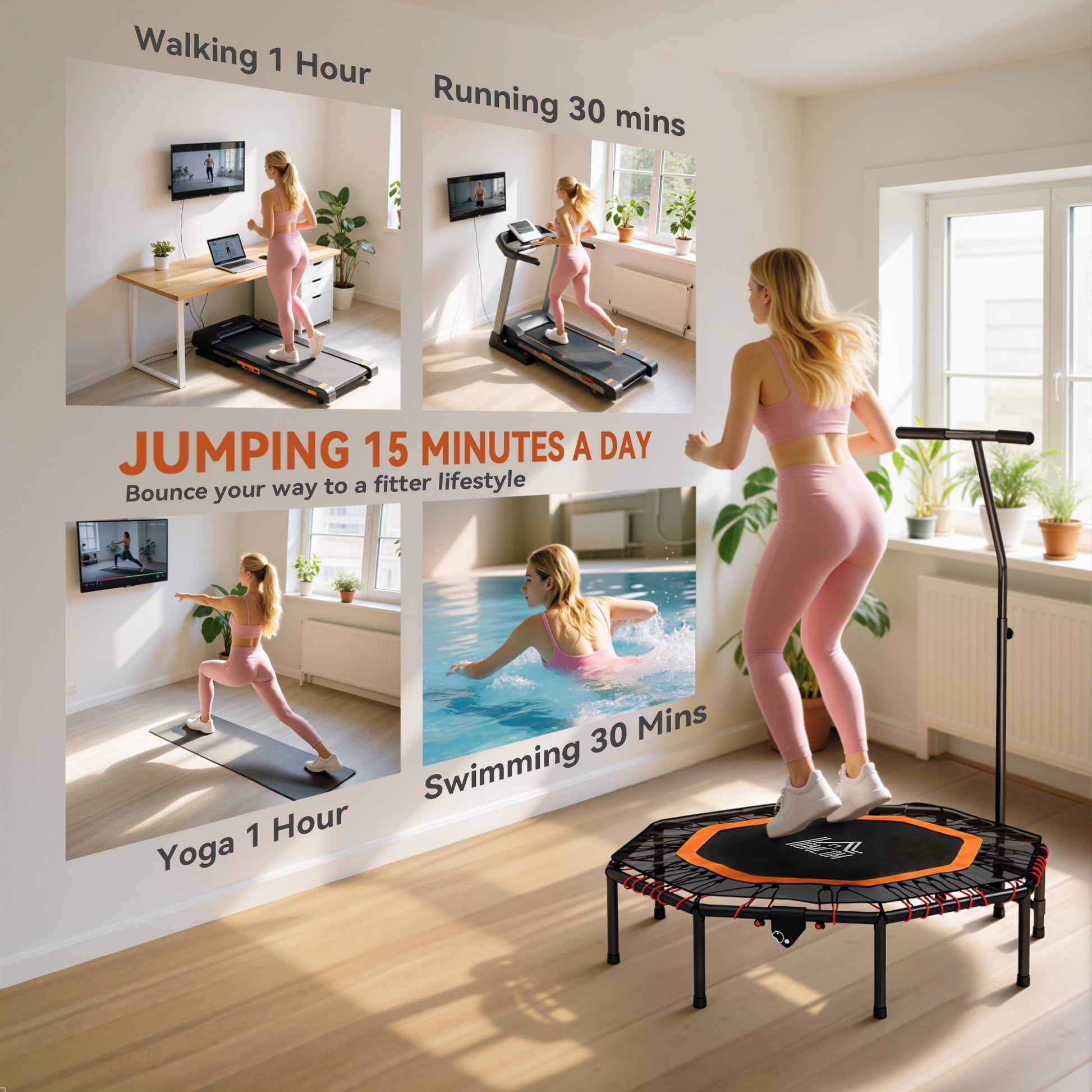 HOMCOM Fitness Trampoline, Bouncer with Adjustable Handle, Max Load 150 kg -