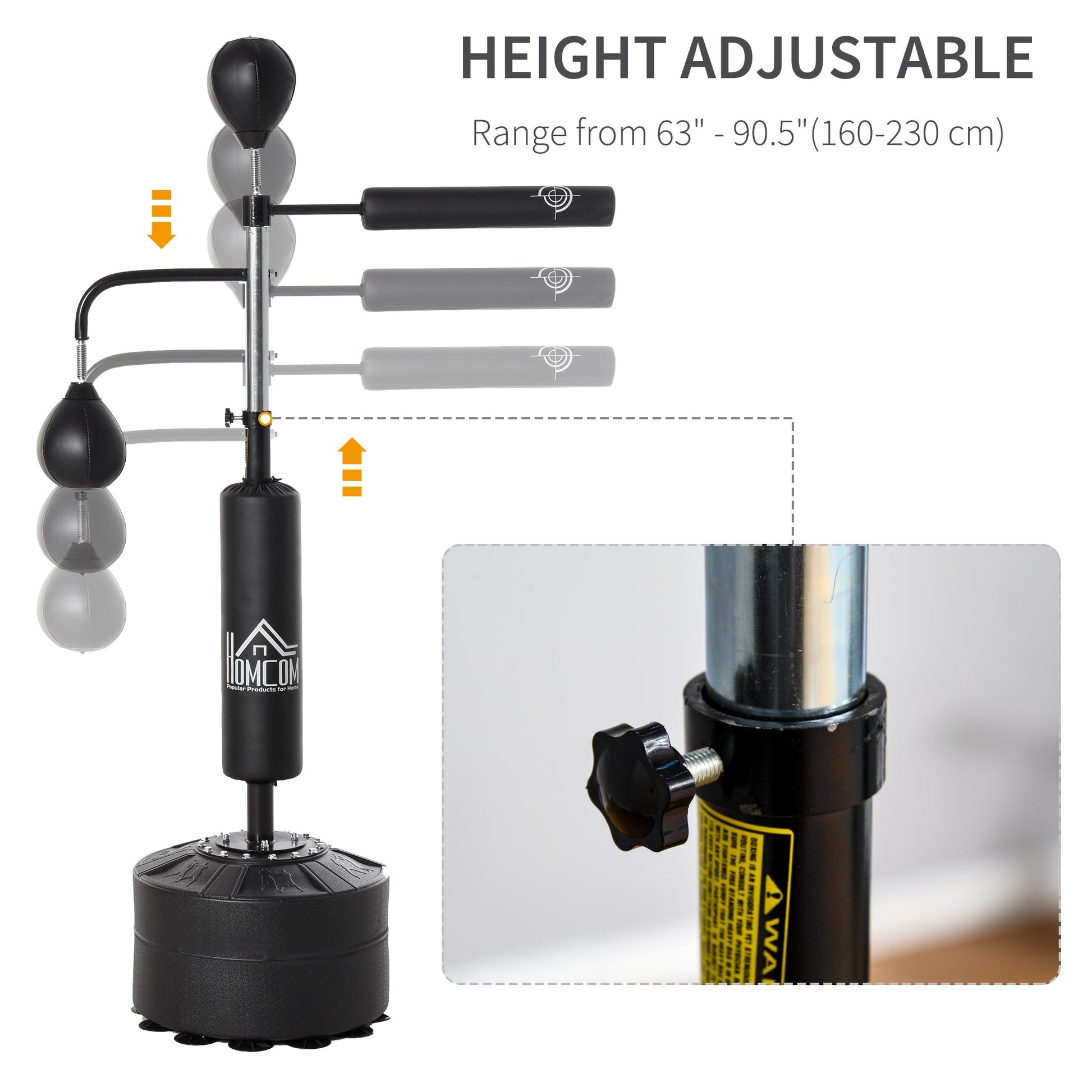 HOMCOM 3-in-1 Boxing Punching Bag, Freestanding with 2 Speed Bals, 360° Reflex Bar, 160-230cm Adjustable Height, Black -