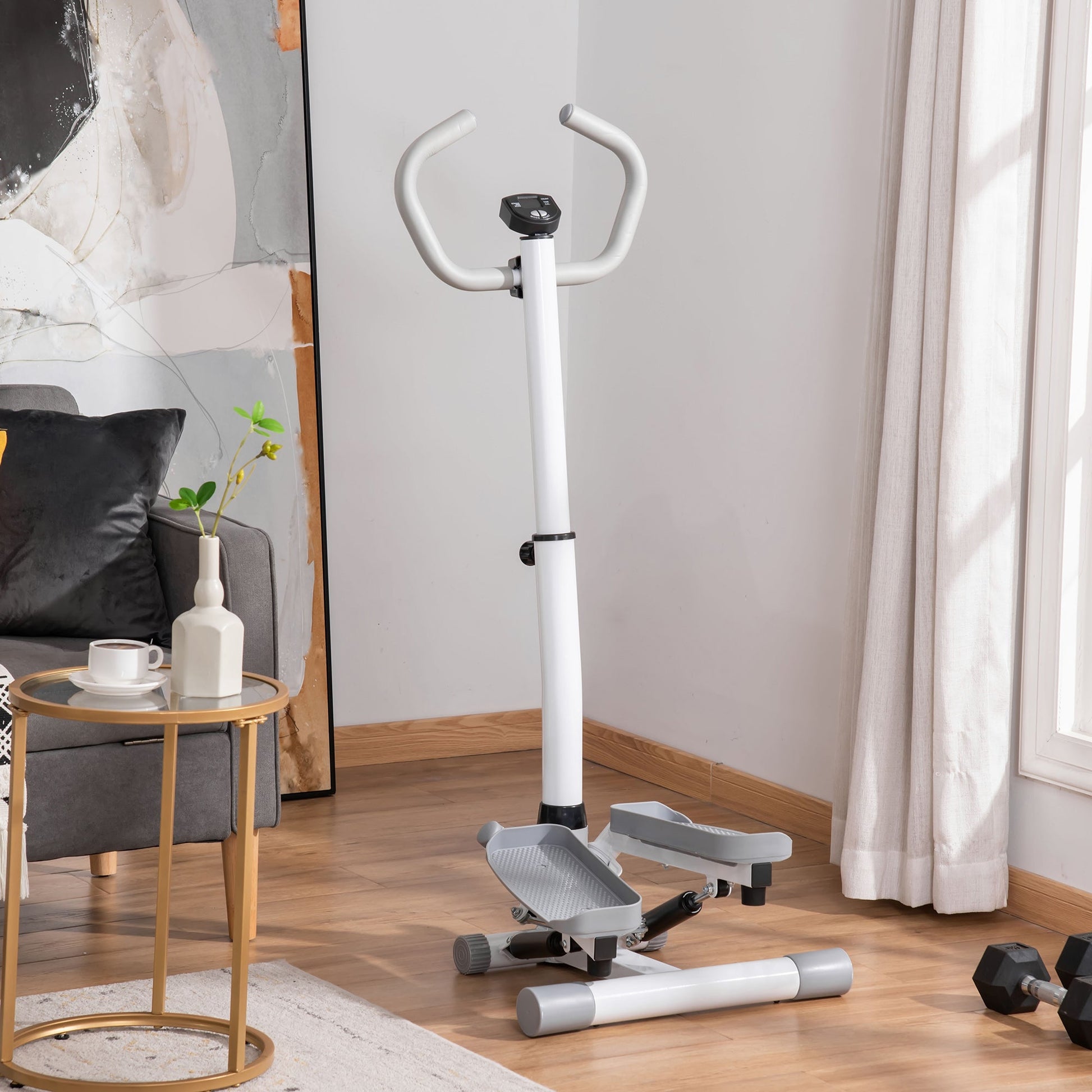 HOMCOM Adjustable Twist Stepper Aerobic Ab Exercise Fitness Workout Machine w/ LCD Screen, Height Adjust Handlebars for Home Gym, White and Grey -