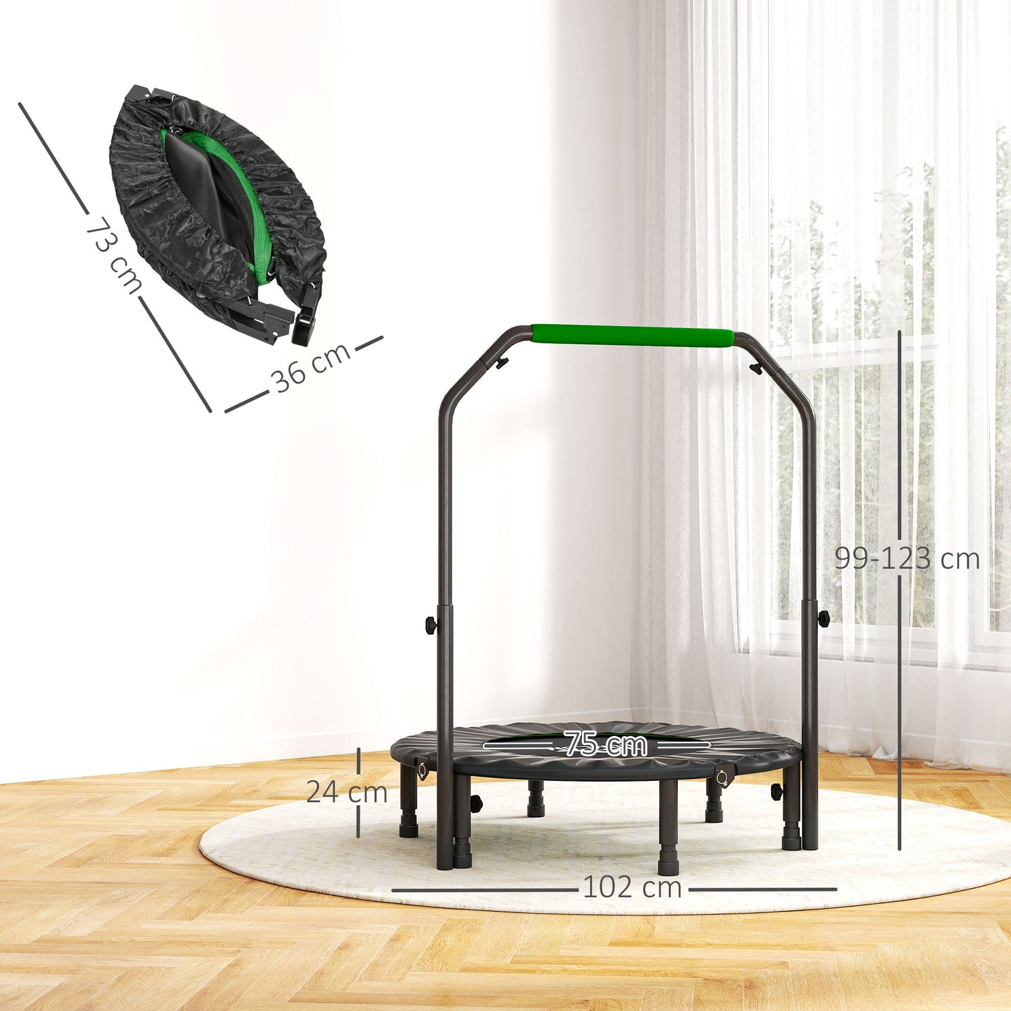 HOMCOM 40" Foldable Mini Fitness Trampoline, with Adjustable Foam Handle, Green -