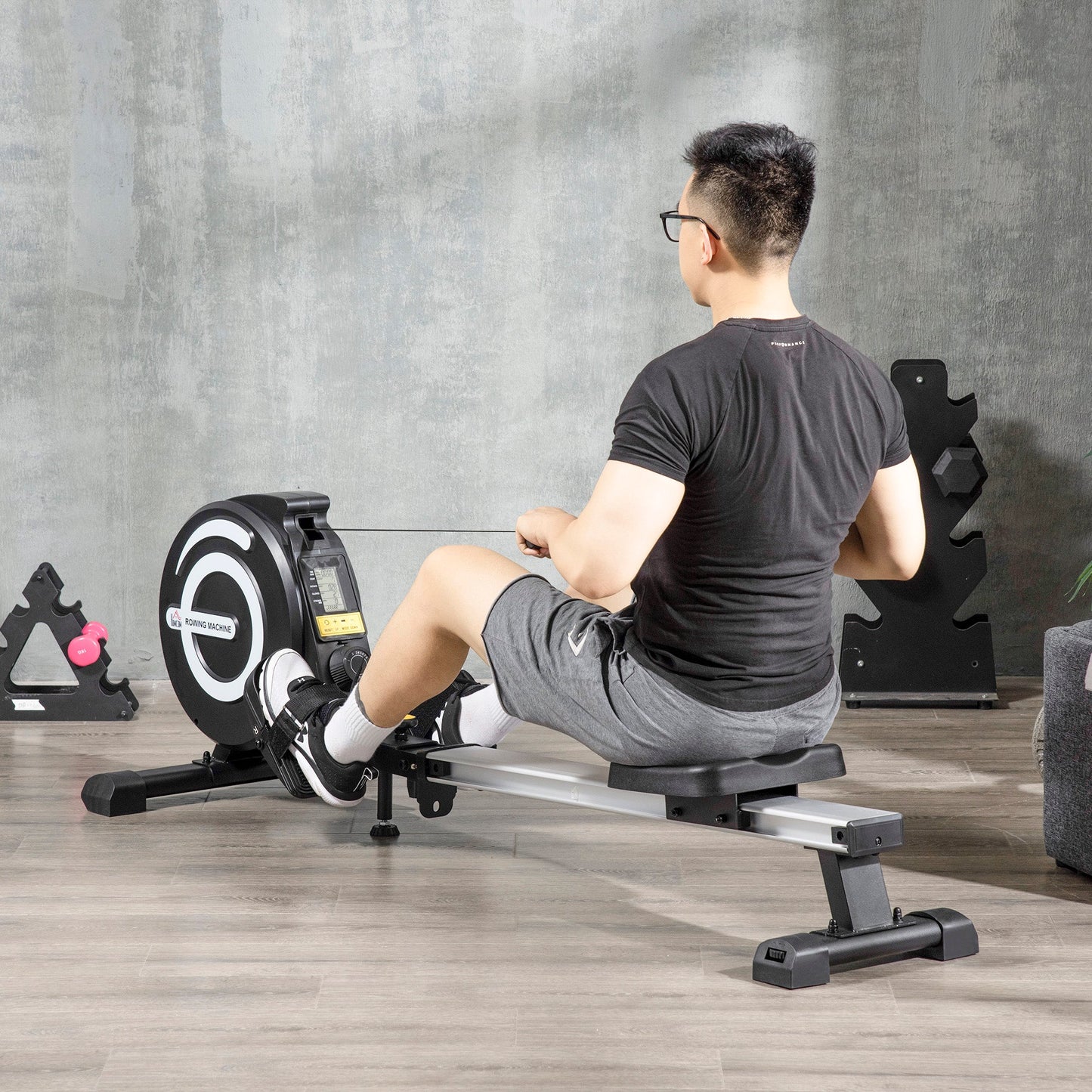 HOMCOM Indoor Body Health & Fitness Adjustable Magnetic Rowing Machine Rower with LCD Digital Monitor & Wheels for Home, Office, Gym -
