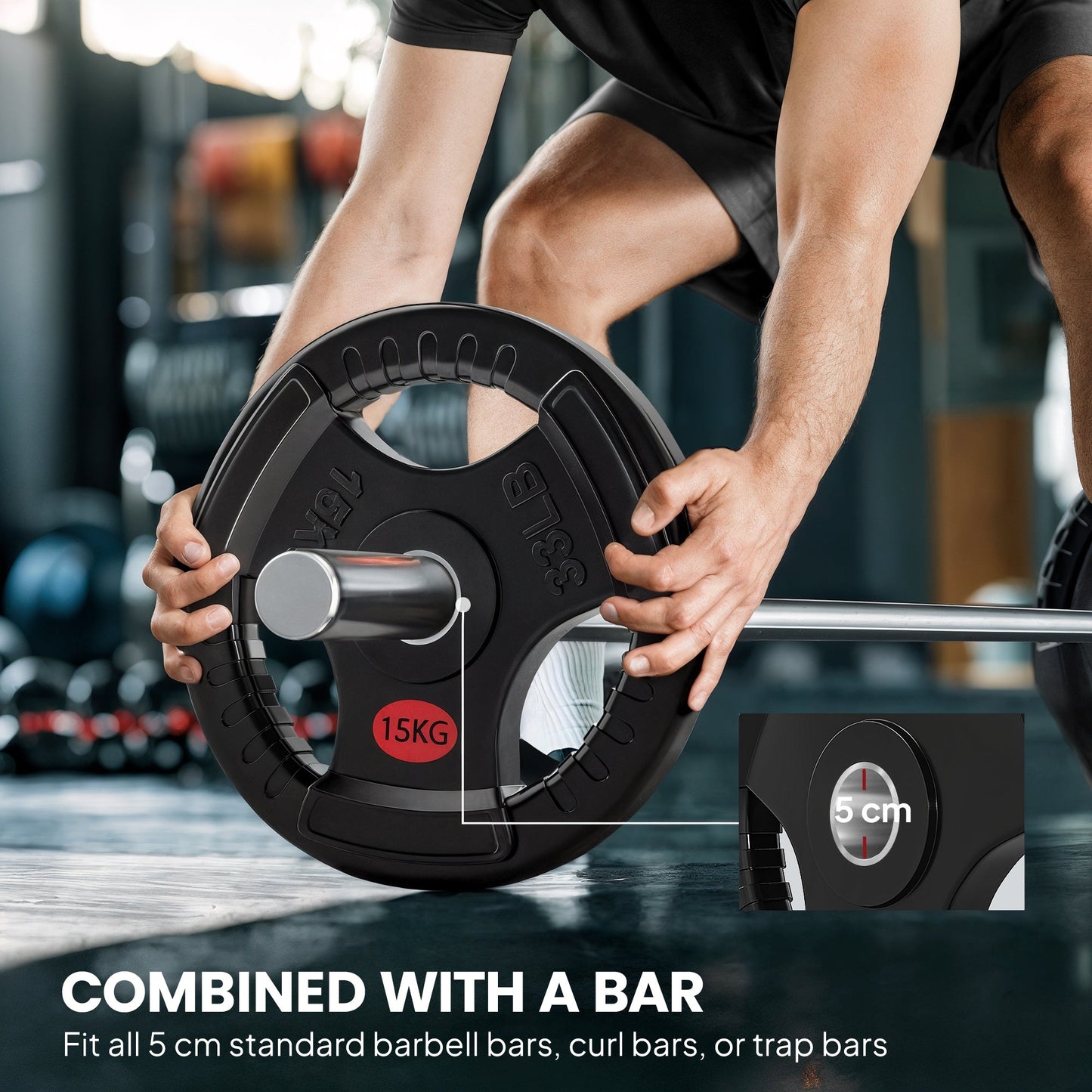 SPORTNOW Olympic Weight Plates, 2"/5cm Weight Disc Pair with Tri-Grips, 2 x 15kg Dumbbell Plates for Weightlifting and Strength Training Home Gym Fitness Workout, Black -