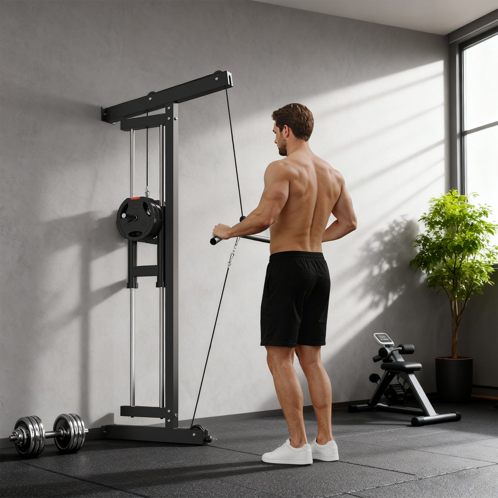 SPORTNOW Wall Mounted Lat Pull Down Machine, Crossover Cable Machine with High & Low Pulleys for Home Gym Full Body Workout -