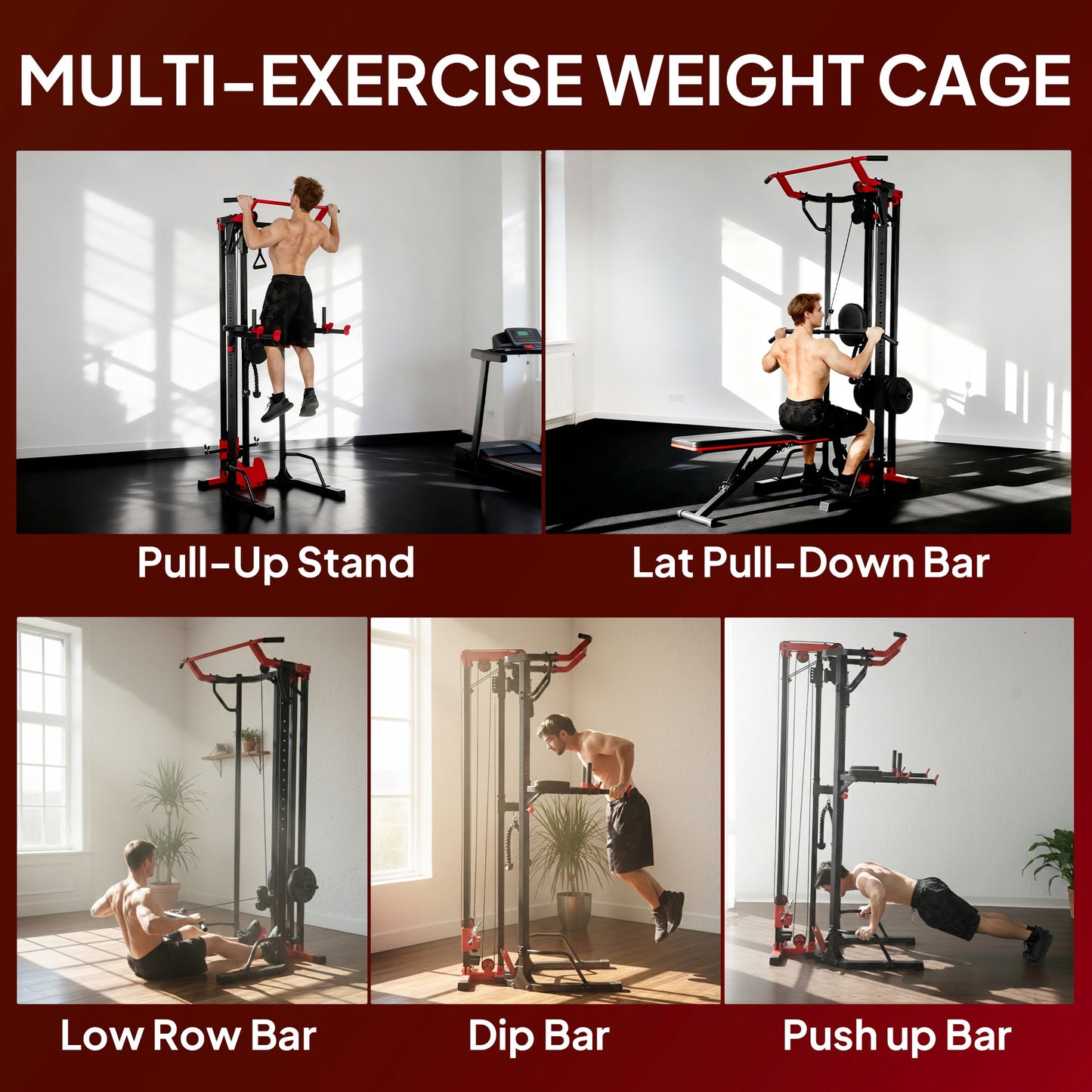 SPORTNOW Power Tower with Lat Pull Down Machine, Pull Up Bar, Dip Station, Adjustable Height Power Pack for Home Gym -
