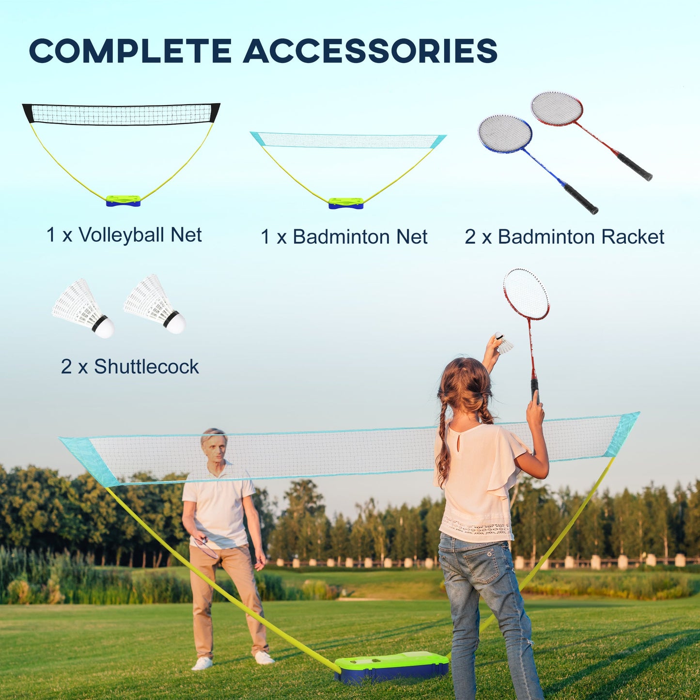 SPORTNOW Portable Badminton Net Set w/ Volleyball Net, Rackets, Shuttlecocks -