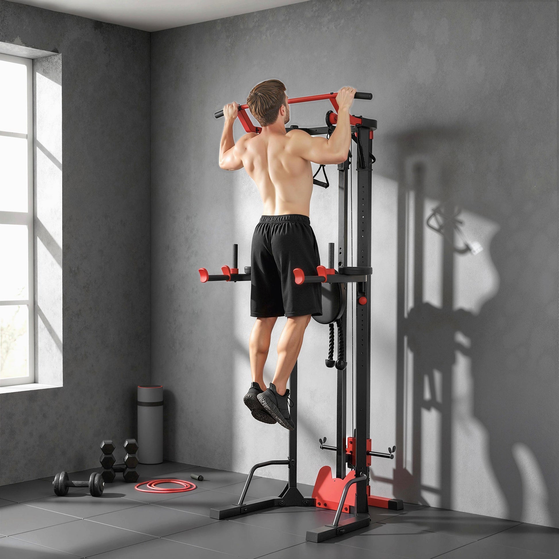 SPORTNOW Power Tower with Lat Pull Down Machine, Pull Up Bar, Dip Station, Adjustable Height Power Pack for Home Gym -
