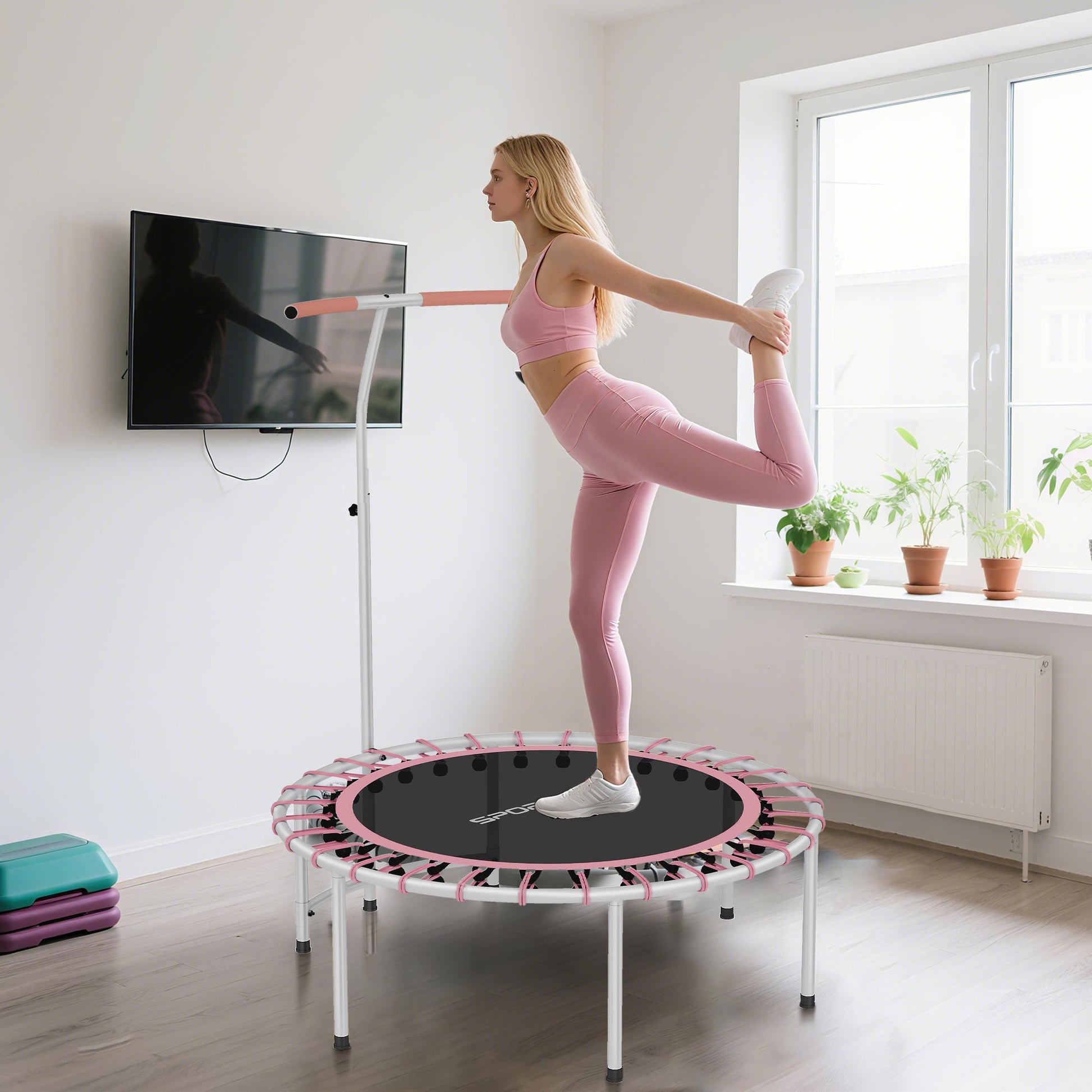 SPORTNOW 40" Fitness Trampoline, Mini Rebounder Trampoline for Adults with 5-Level Adjustable Handle, Indoor Exercise Bungee Rebounder, Max Load 100KG, Pink -