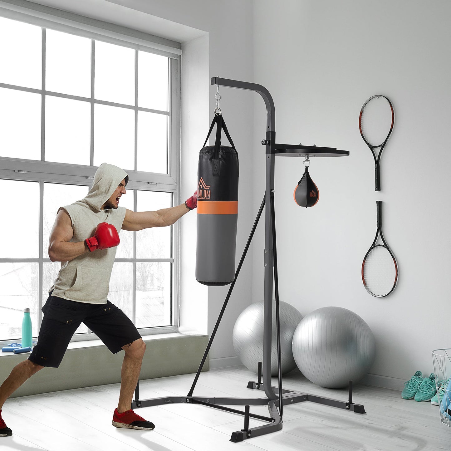 HOMCOM Freestanding Boxing Punch Bag & Speed Ball Station Hanging Frame Training Exercise Platform Home Gym Heavy Duty, Grey -