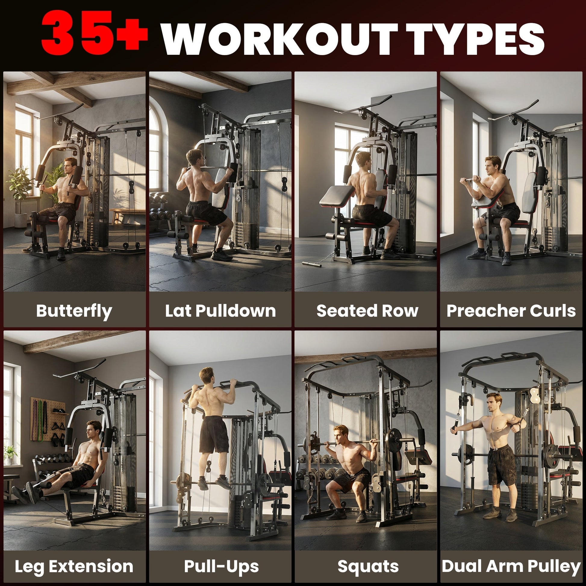 SPORTNOW Home Multi Gym Smith Machine with 65kg Weight Stack, Cable Pulley System, Chest Station, Preacher Pad & Leg Developer -