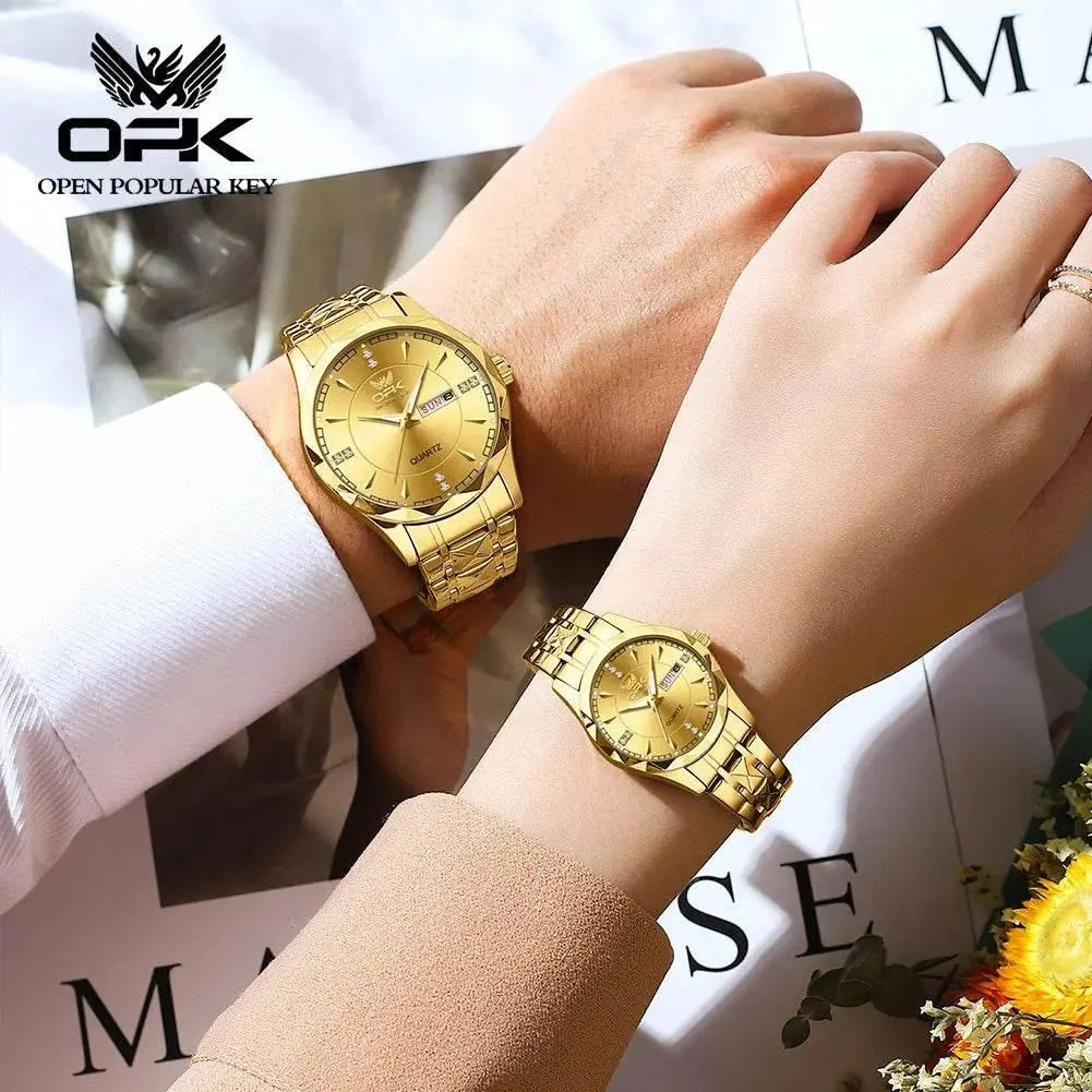 Golden Stainless Steel Couple Watches - Roesports