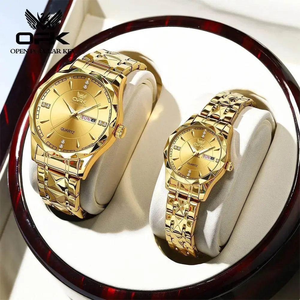 Golden Stainless Steel Couple Watches - Roesports