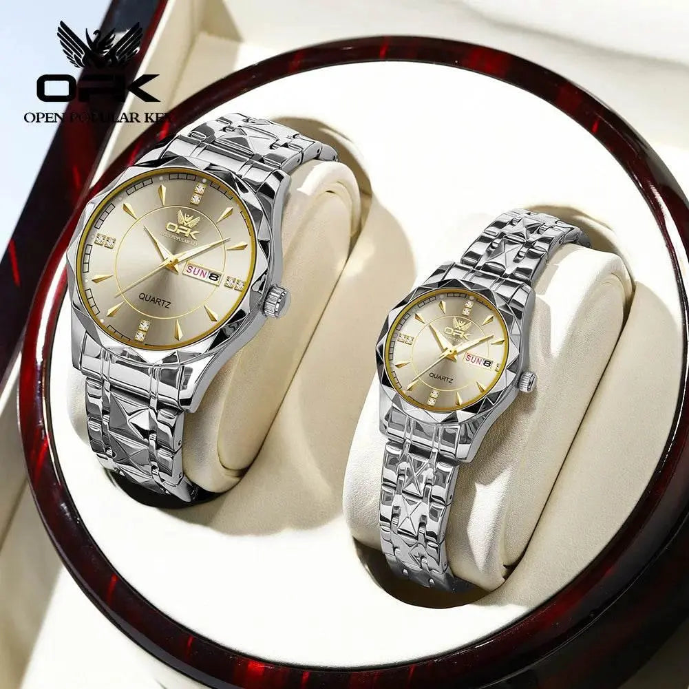 Golden Stainless Steel Couple Watches - Roesports