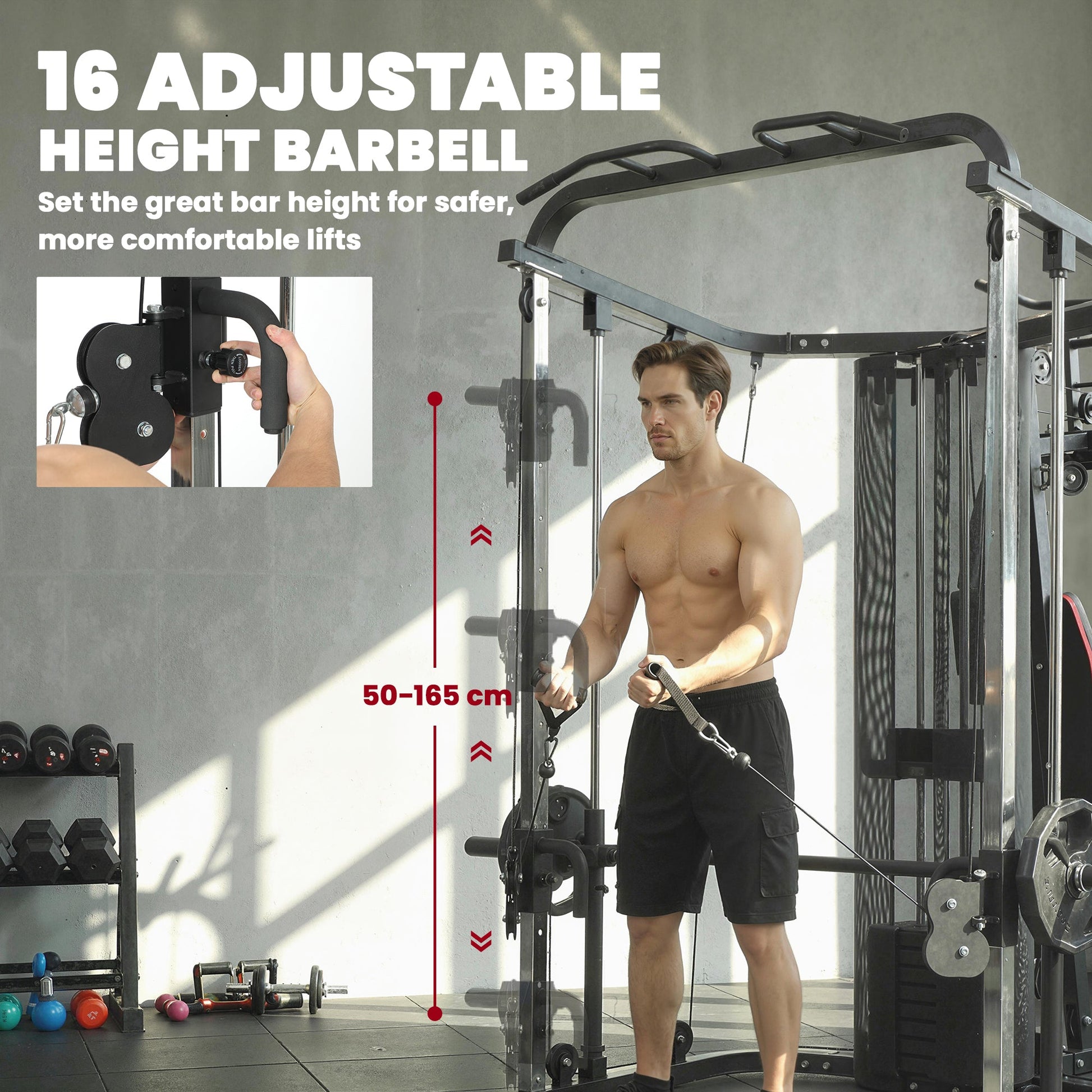 SPORTNOW Home Multi Gym Smith Machine with 65kg Weight Stack, Cable Pulley System, Chest Station, Preacher Pad & Leg Developer -