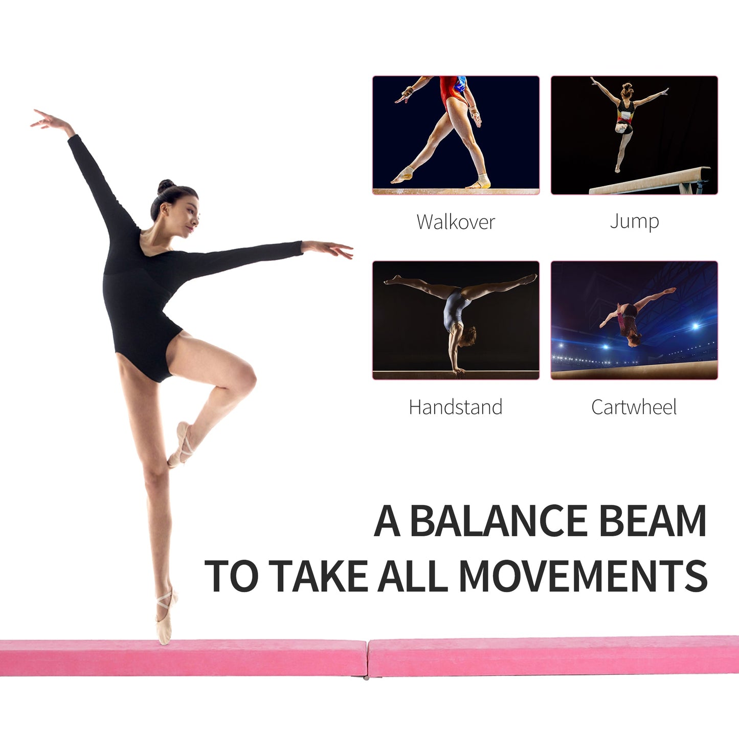 HOMCOM Balance Beam Trainer Fold Performance Gymnastics Suede Pink 2.1M Home - Roesports