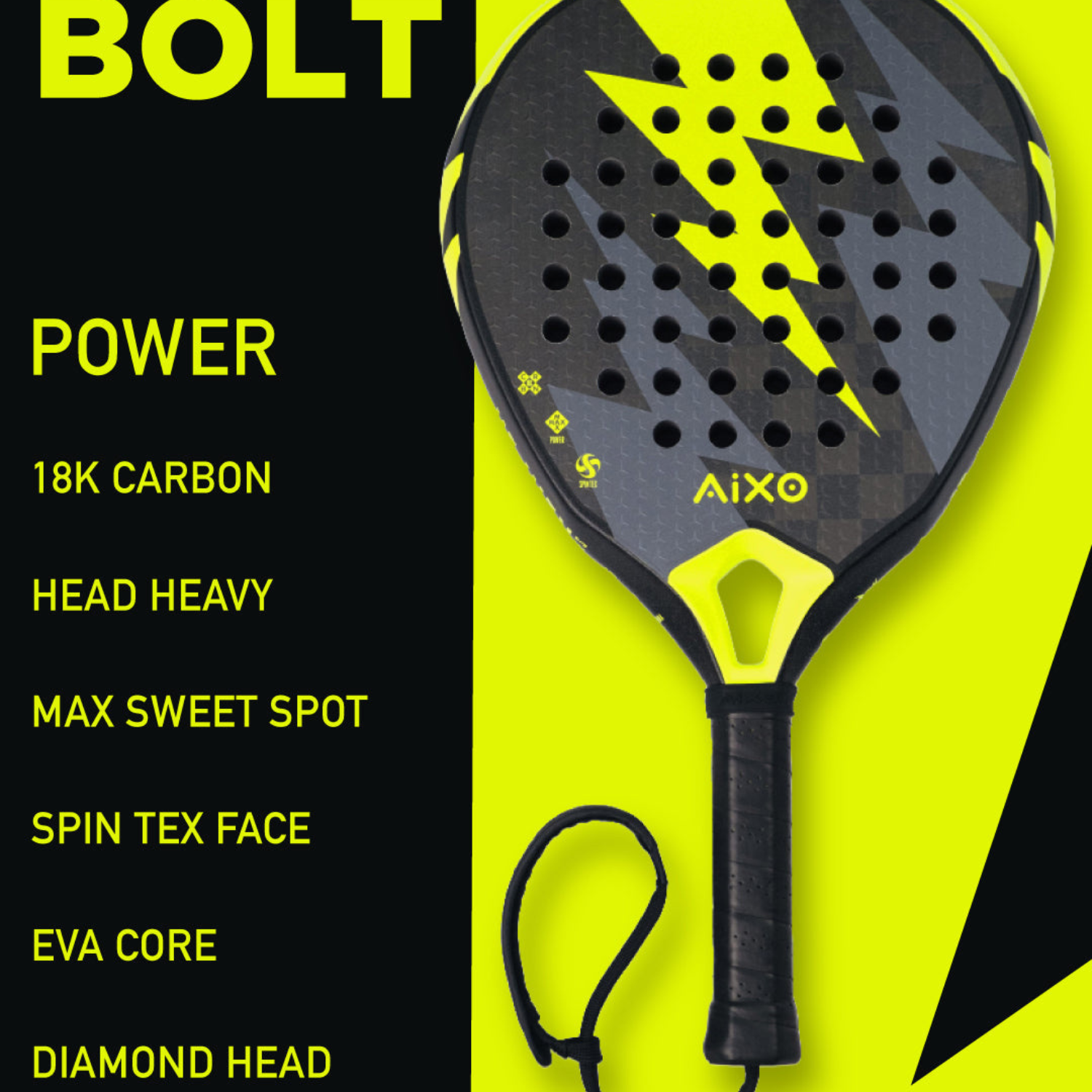 Aixo Insane Bolt Padel Racket 18k Carbon RL-B12 - Roesports