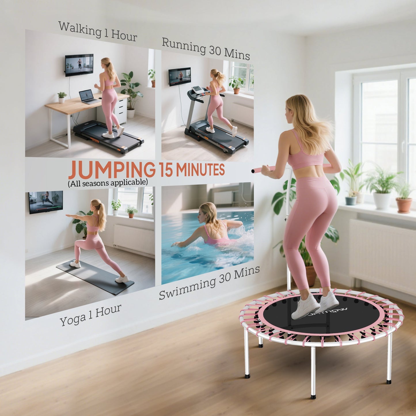SPORTNOW 40" Fitness Trampoline, Mini Rebounder Trampoline for Adults with 5-Level Adjustable Handle, Indoor Exercise Bungee Rebounder, Max Load 100KG, Pink -