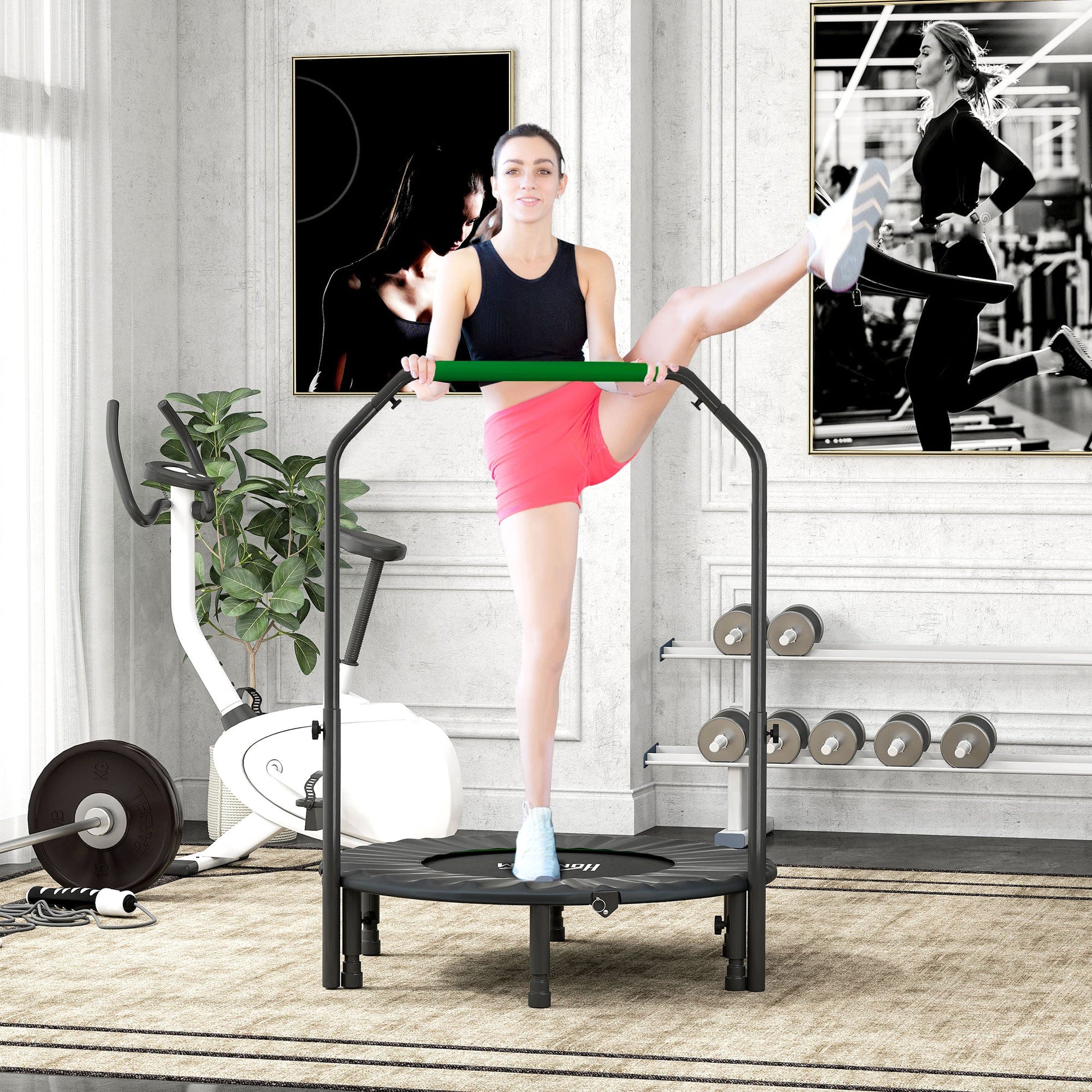 HOMCOM 40" Foldable Mini Fitness Trampoline, with Adjustable Foam Handle, Green -