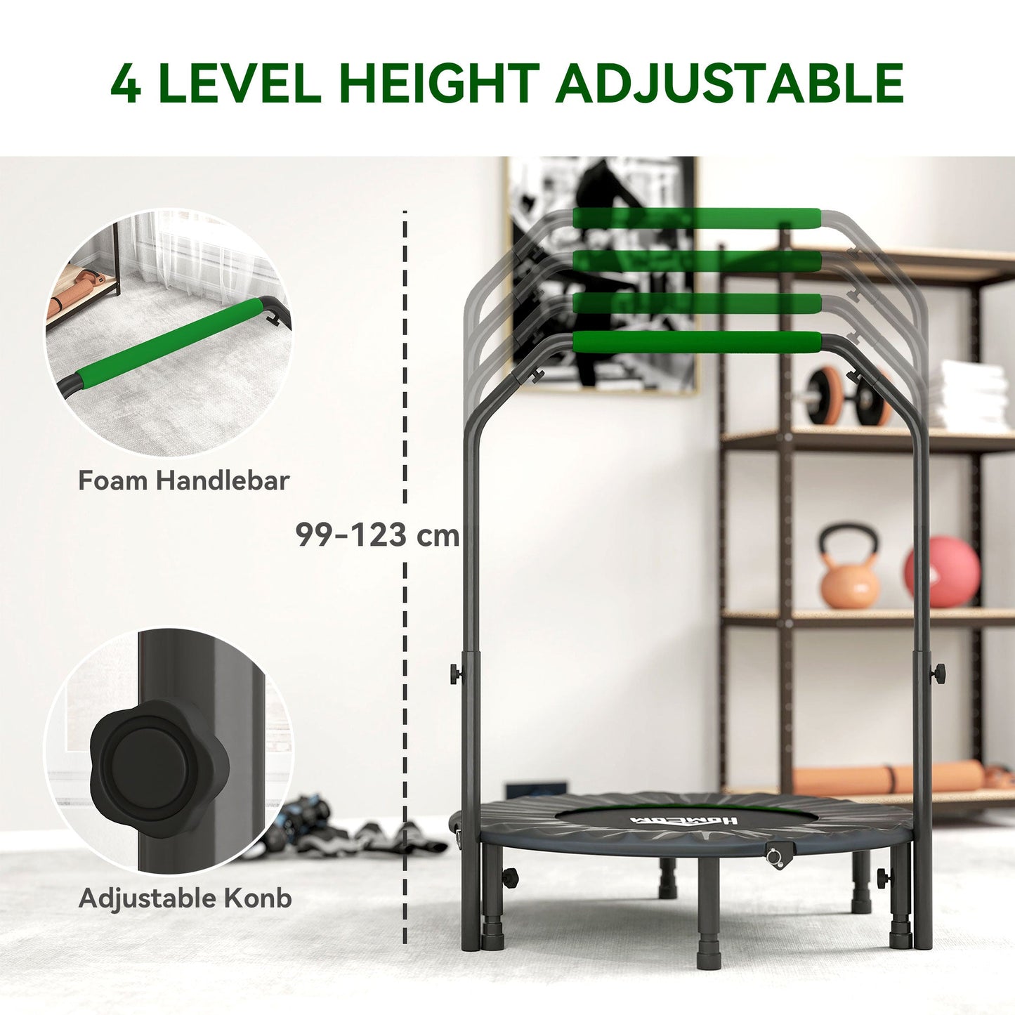 HOMCOM 40" Foldable Mini Fitness Trampoline, with Adjustable Foam Handle, Green -