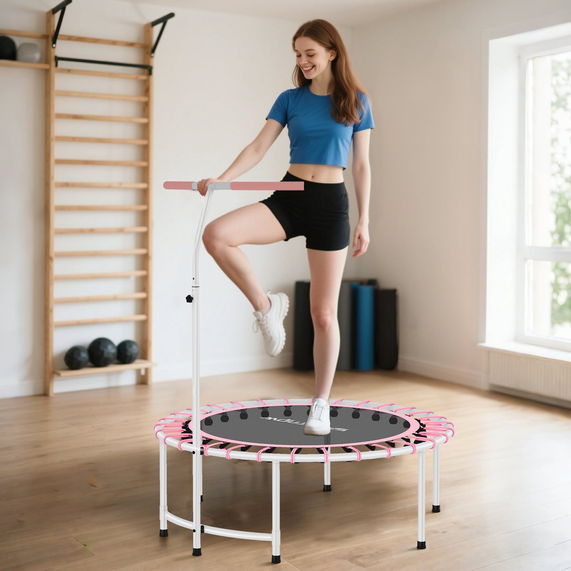 SPORTNOW 40" Fitness Trampoline, Mini Rebounder Trampoline for Adults with 5-Level Adjustable Handle, Indoor Exercise Bungee Rebounder, Max Load 100KG, Pink -