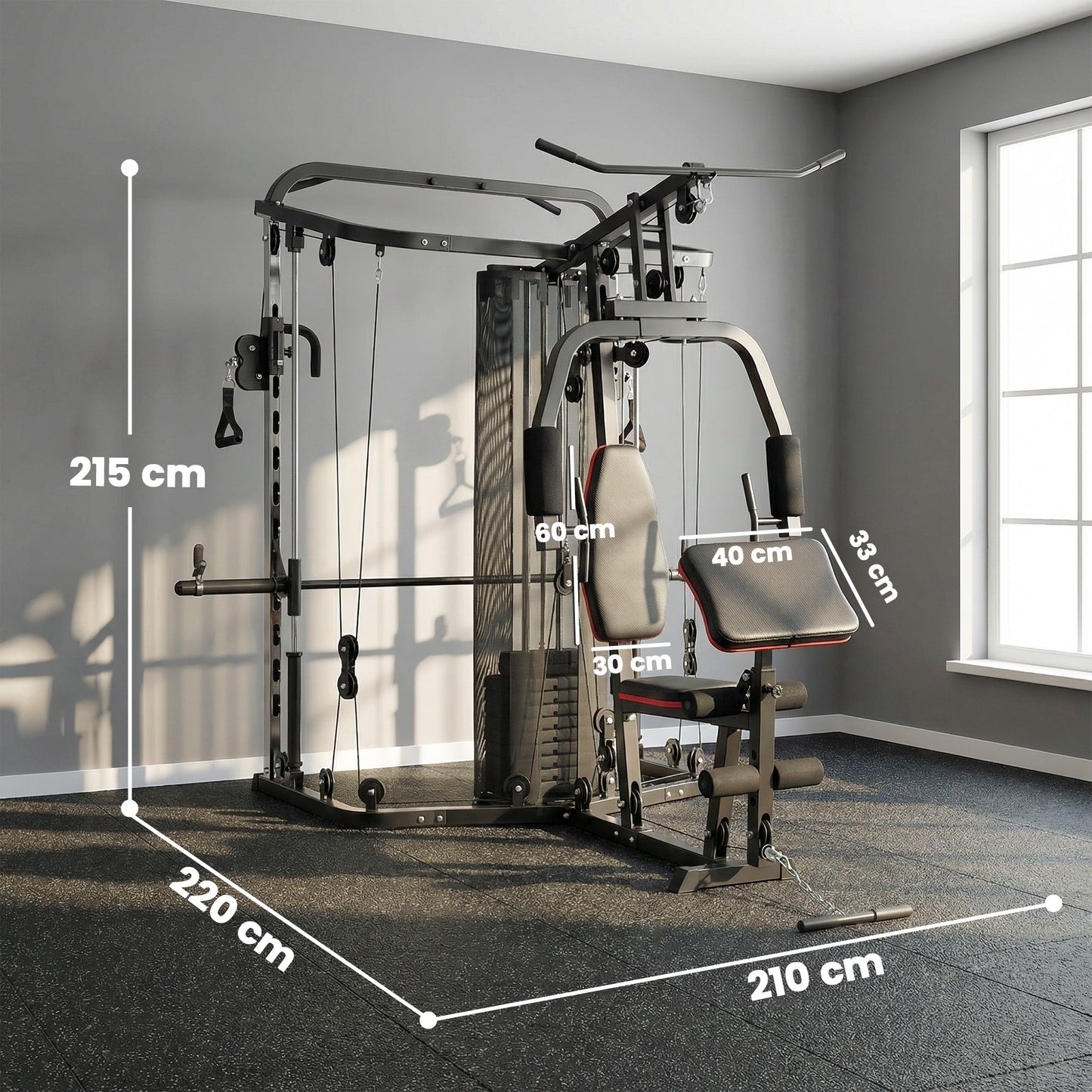 SPORTNOW Home Multi Gym Smith Machine with 65kg Weight Stack, Cable Pulley System, Chest Station, Preacher Pad & Leg Developer -