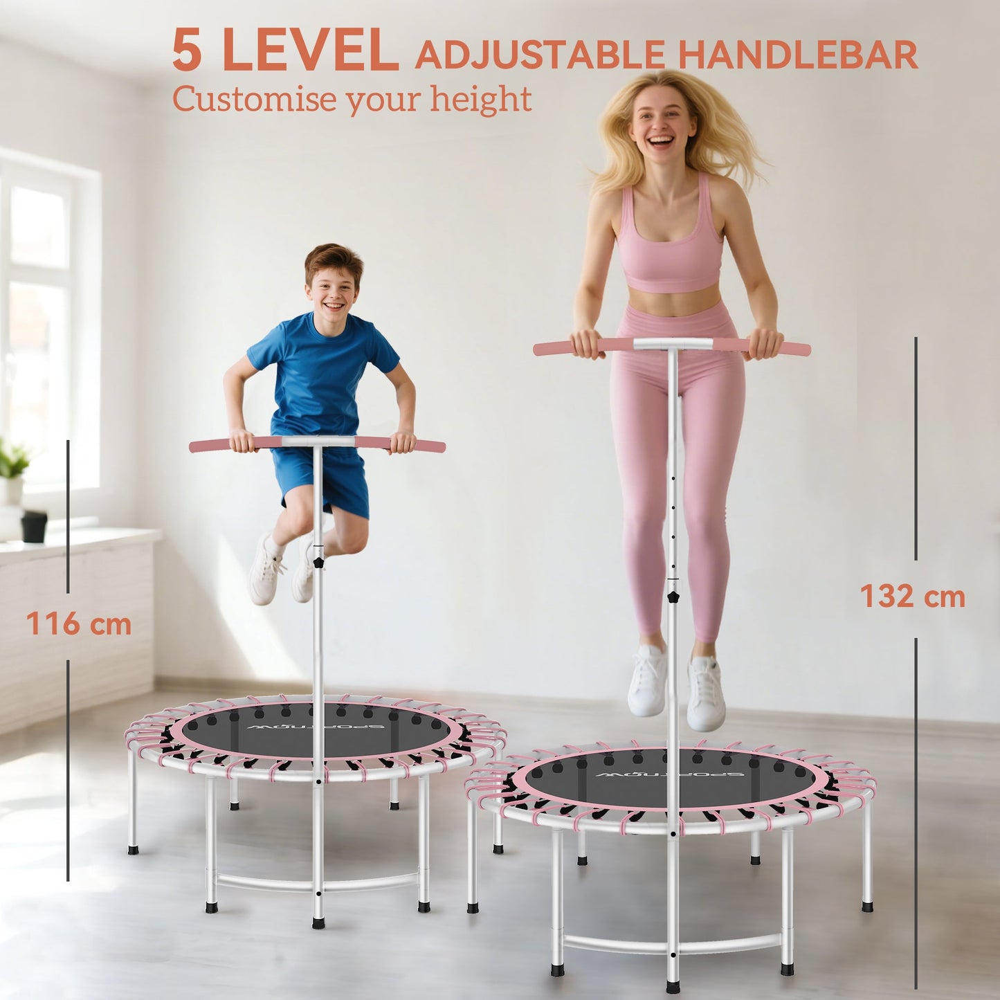 SPORTNOW 40" Fitness Trampoline, Mini Rebounder Trampoline for Adults with 5-Level Adjustable Handle, Indoor Exercise Bungee Rebounder, Max Load 100KG, Pink -
