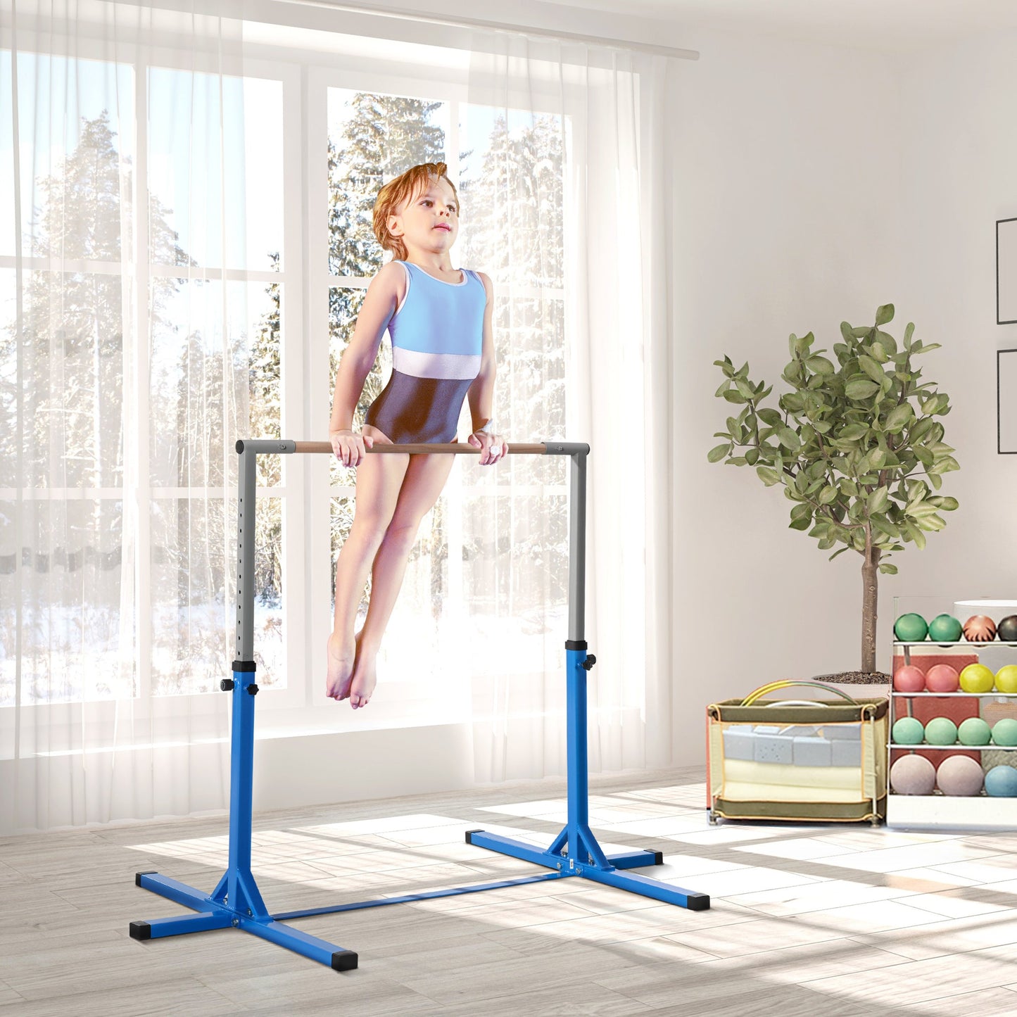 HOMCOM Height Adjustable Gymnastics Horizontal Bar for Kids, Children Junior Kip High Bar Fitness, Blue -