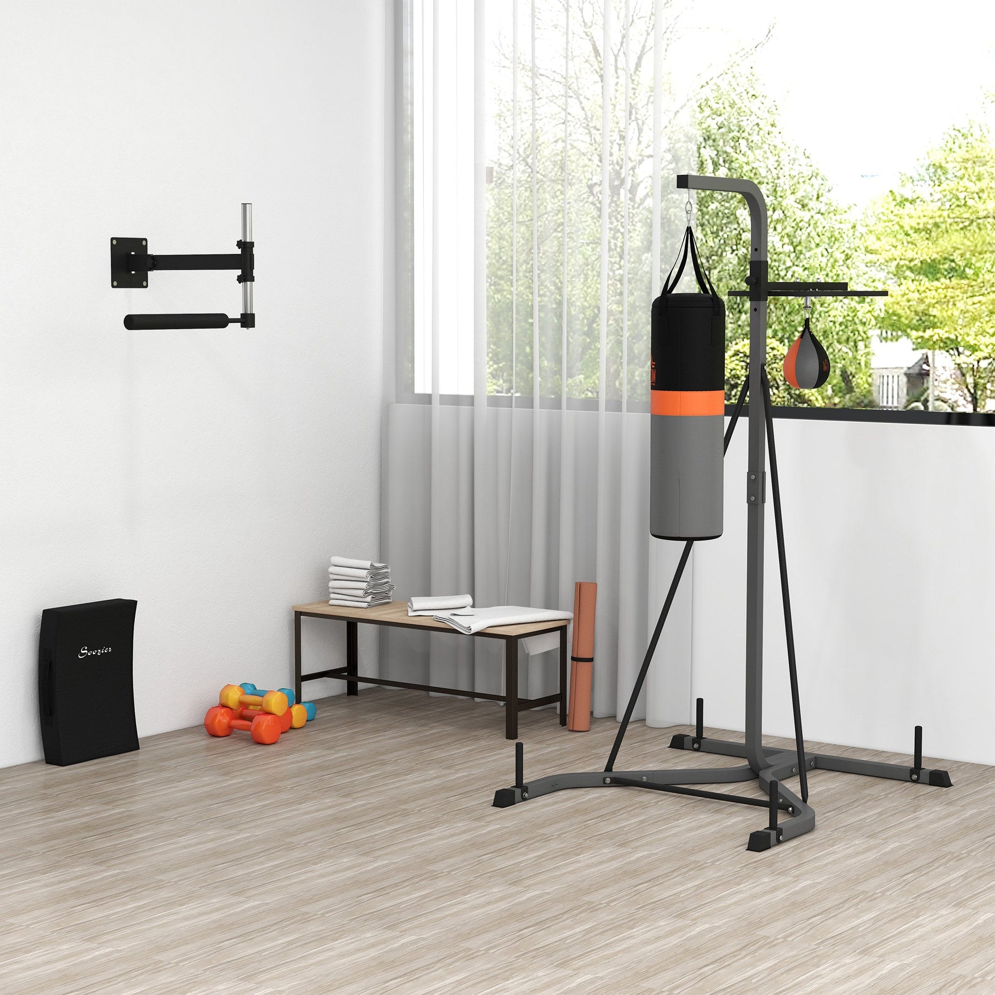 HOMCOM Freestanding Boxing Punch Bag & Speed Ball Station Hanging Frame Training Exercise Platform Home Gym Heavy Duty, Grey -