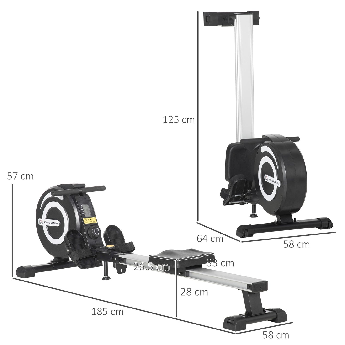 HOMCOM Indoor Body Health & Fitness Adjustable Magnetic Rowing Machine Rower with LCD Digital Monitor & Wheels for Home, Office, Gym -