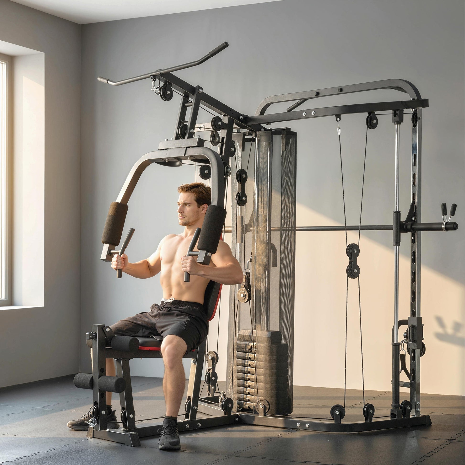 SPORTNOW Home Multi Gym Smith Machine with 65kg Weight Stack, Cable Pulley System, Chest Station, Preacher Pad & Leg Developer -