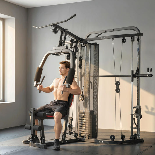SPORTNOW Home Multi Gym Smith Machine with 65kg Weight Stack, Cable Pulley System, Chest Station, Preacher Pad & Leg Developer -